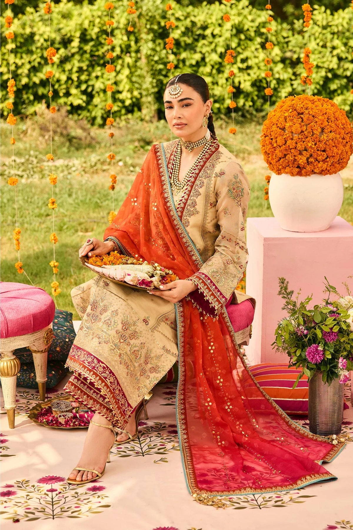 Beige Zari Net Guest Wear