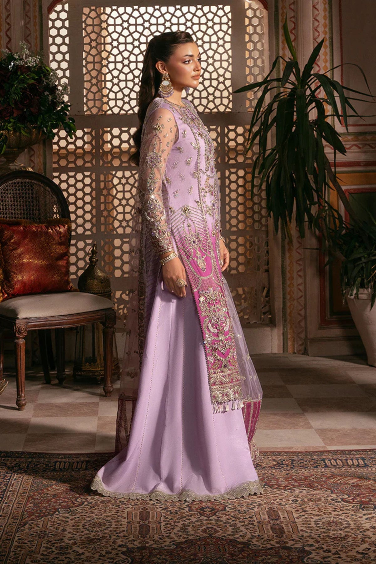 Lilac Net Embroidered Lehenga