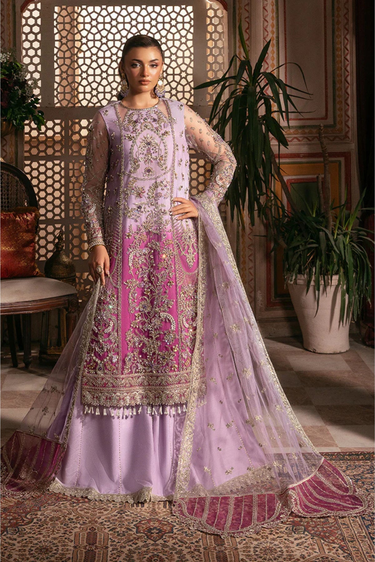Lilac Net Embroidered Lehenga