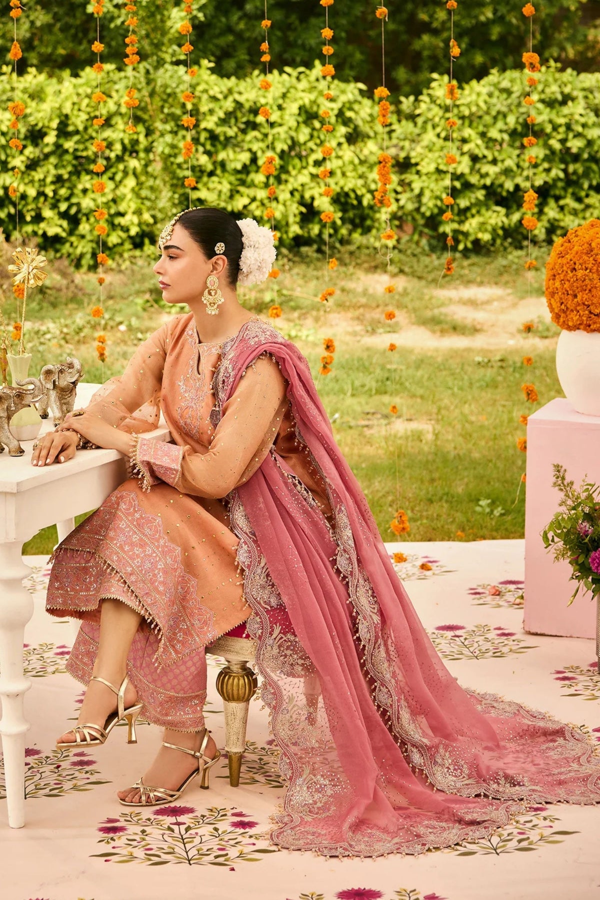 Peach Zari Net Formal Suit