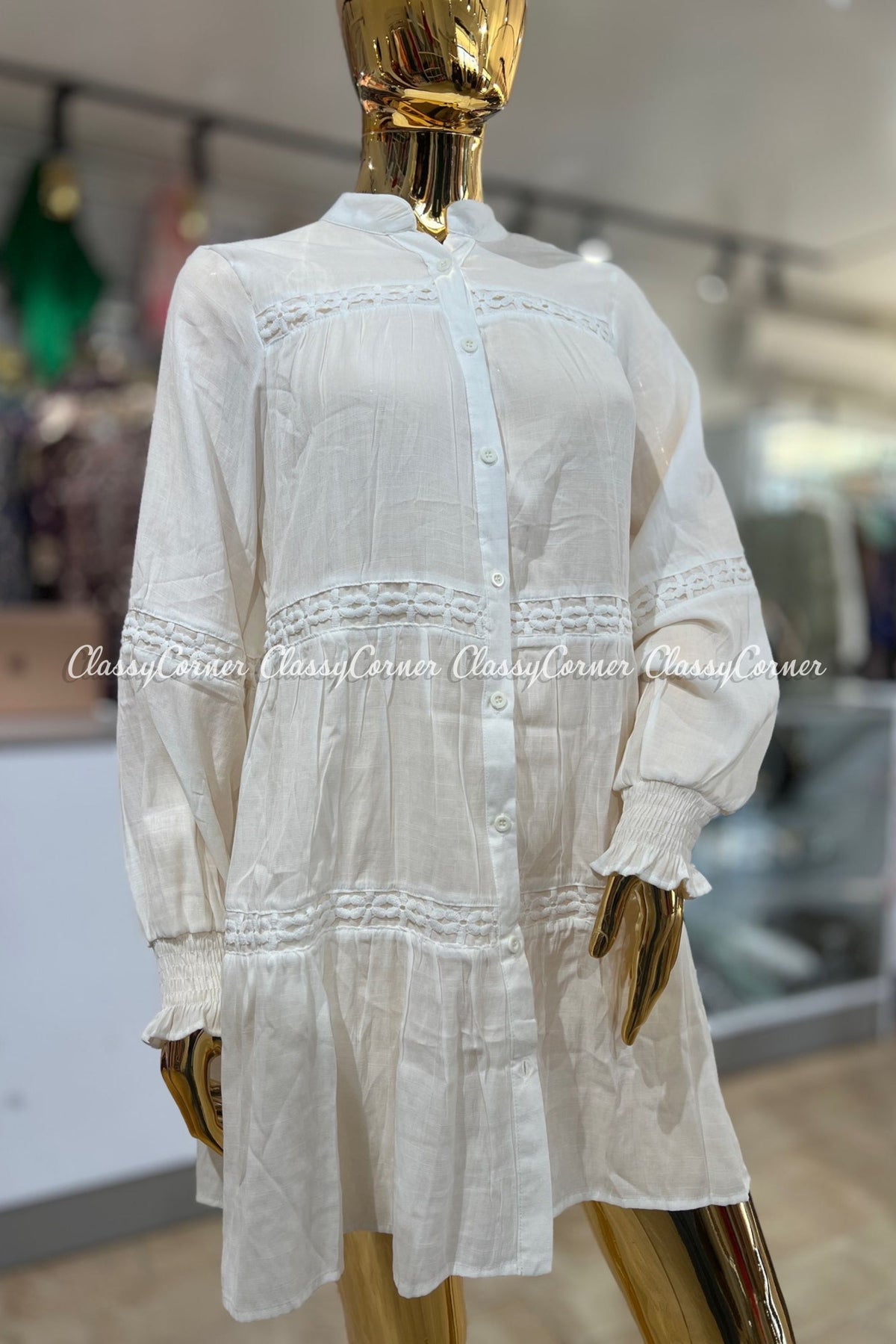 White Full Sleeves Short Dress