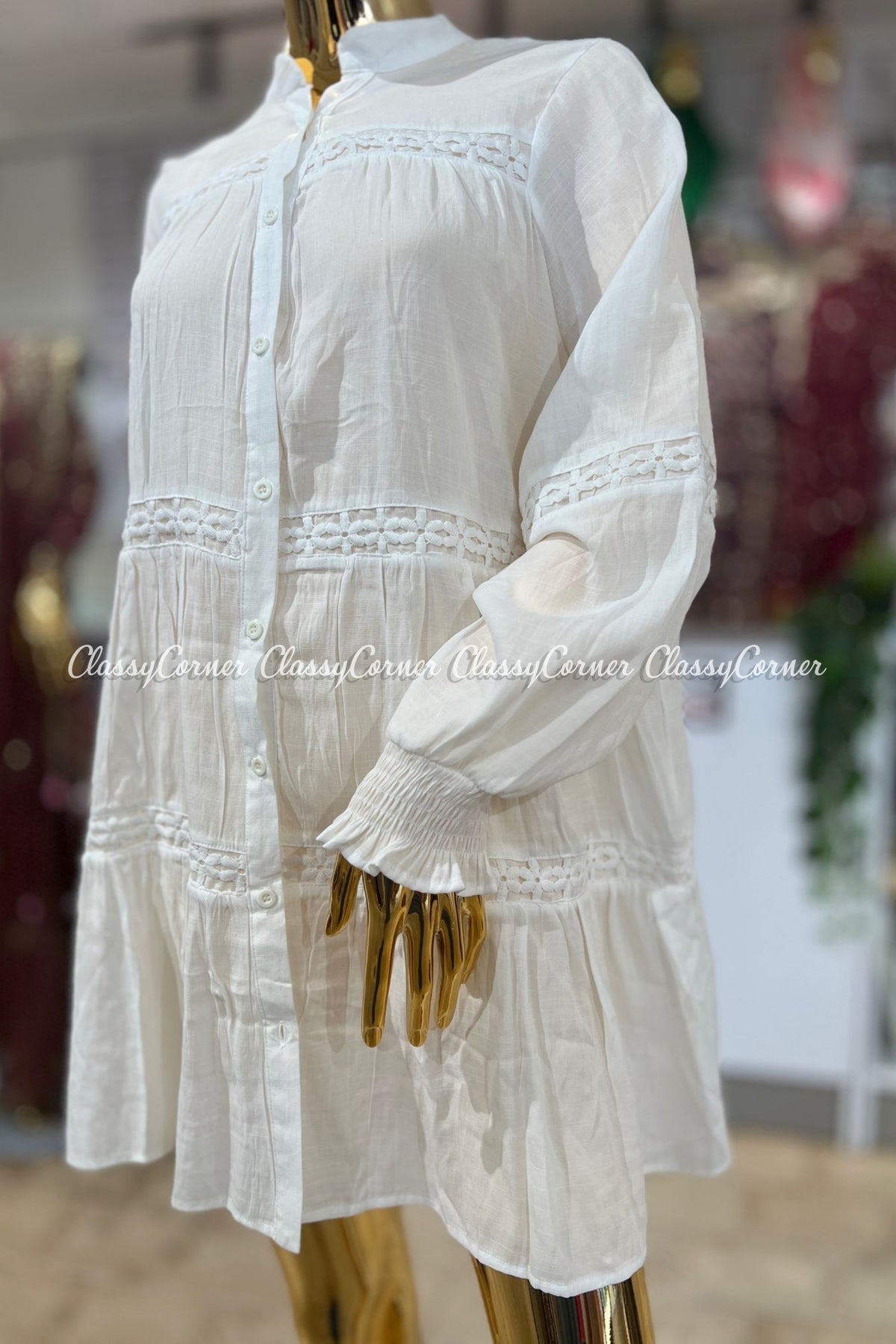 White Full Sleeves Short Dress