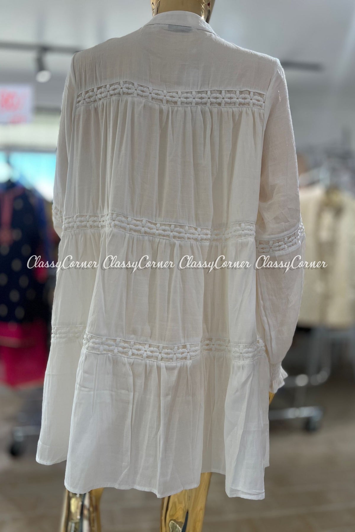 White Full Sleeves Short Dress