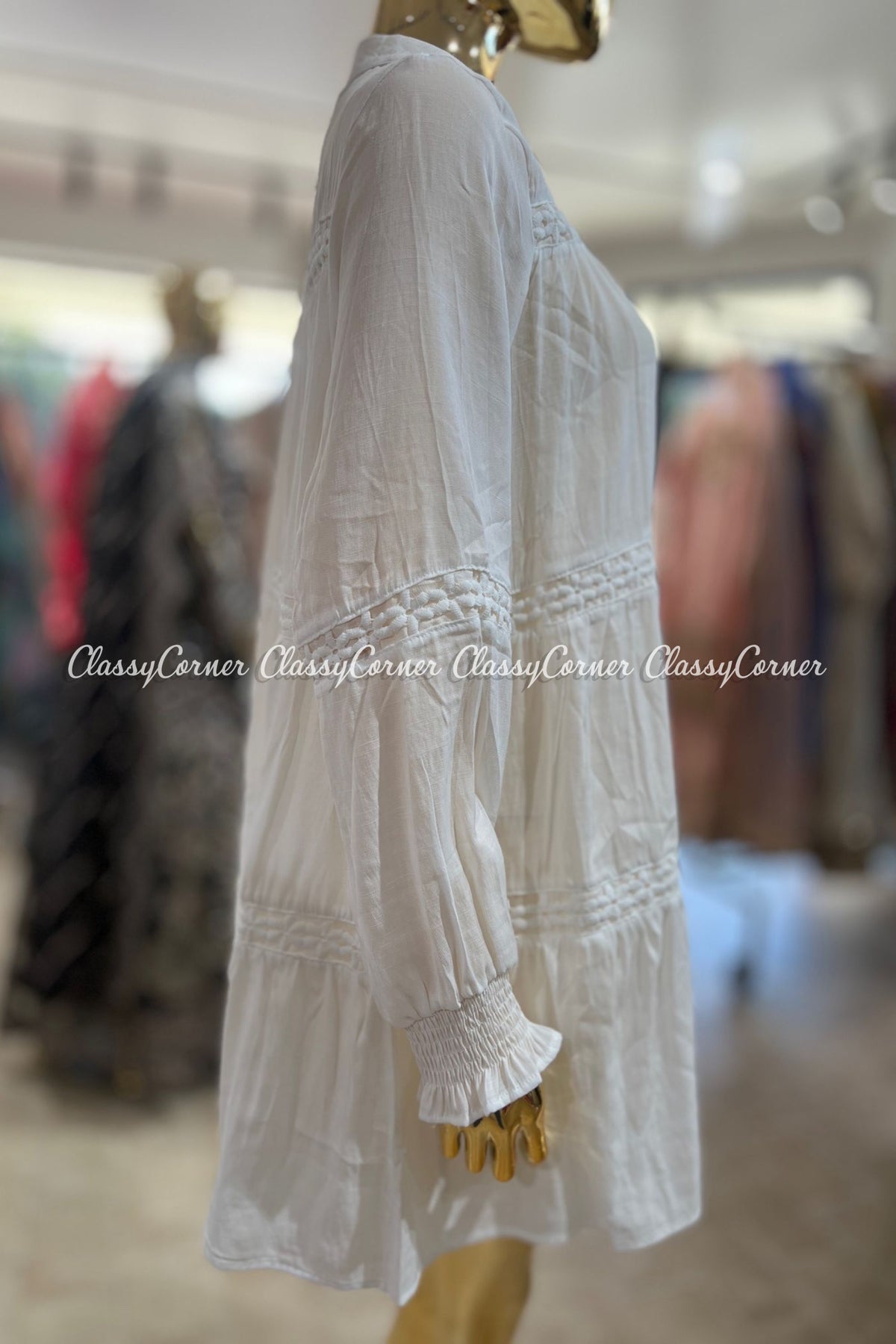 White Full Sleeves Short Dress