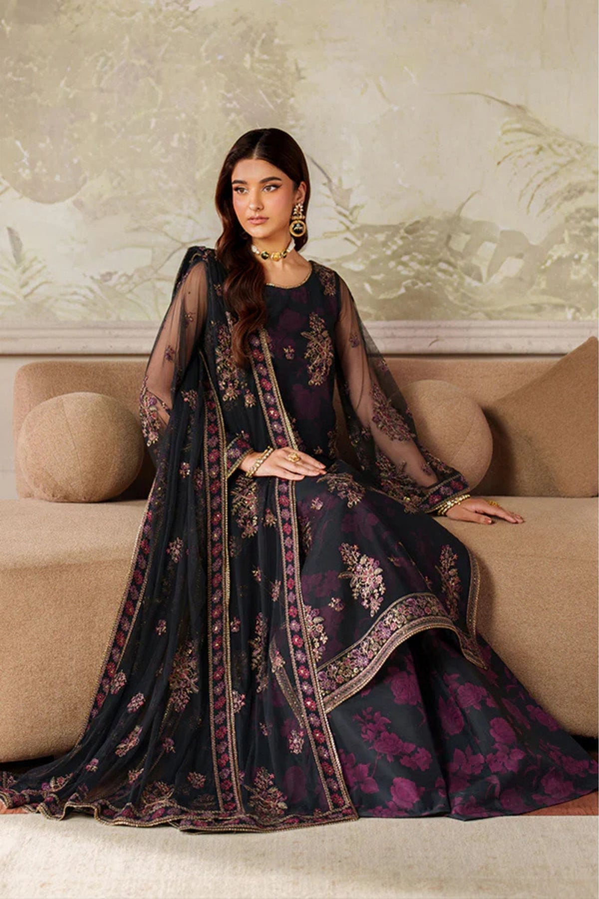 Black Floral Party Net Sharara