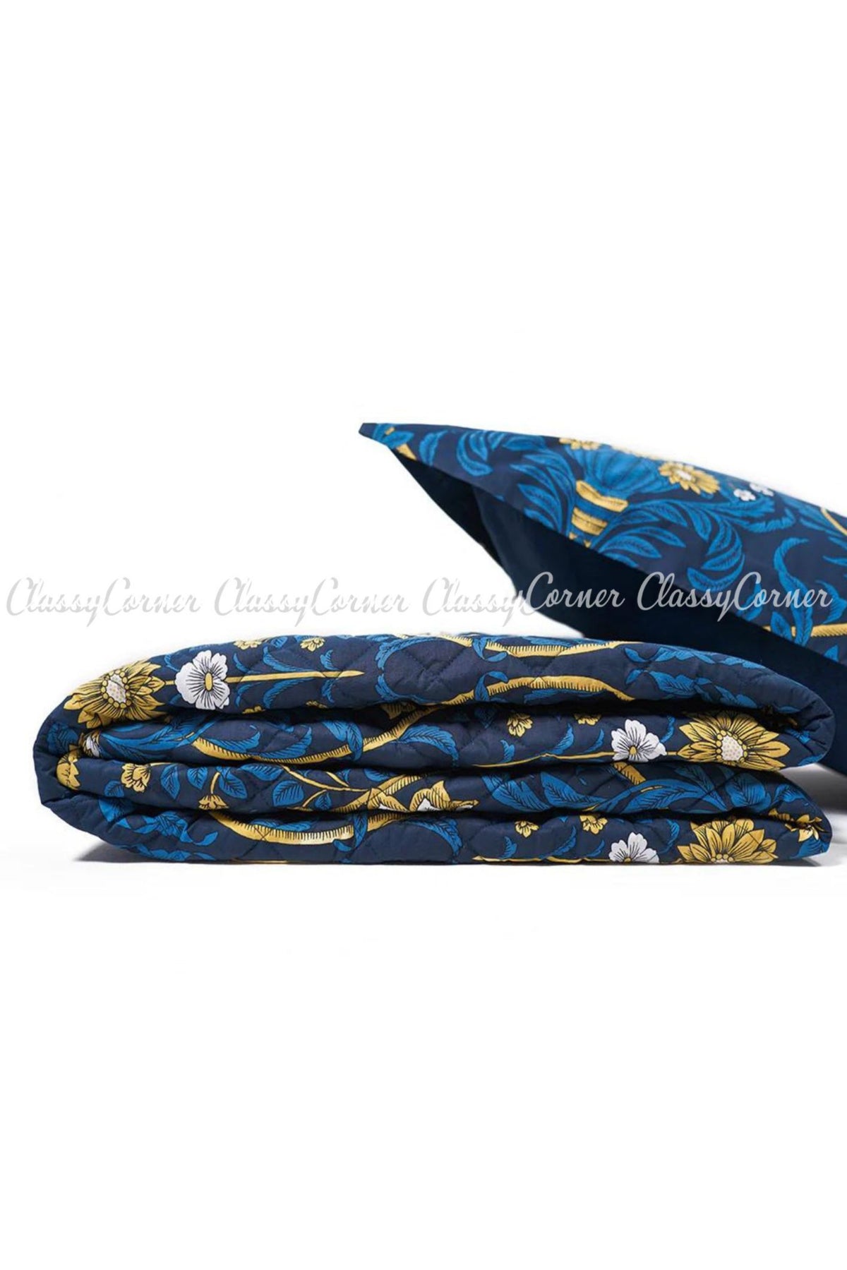 Blue Yellow Printed Cotton Bedspread Set