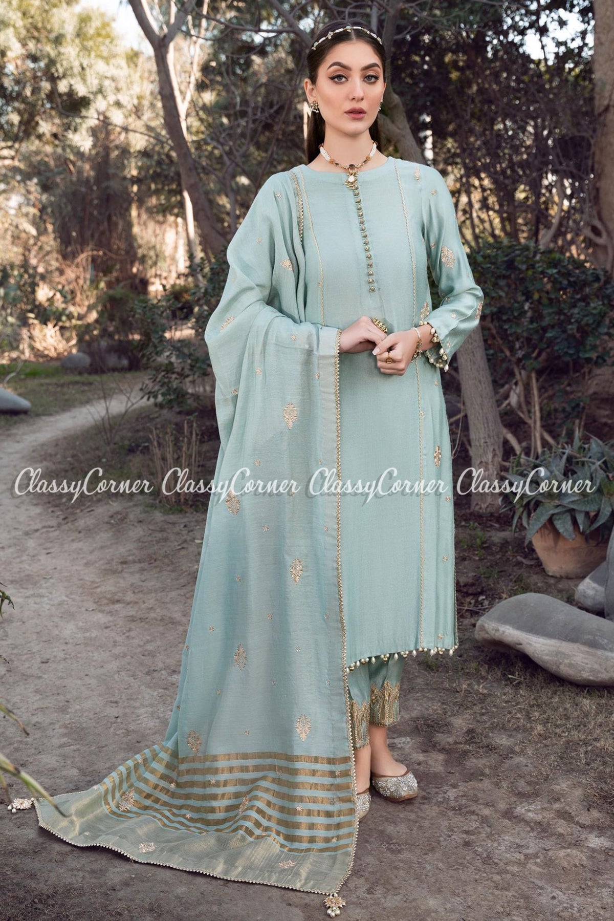 Blue Khaddi Silk Pakistani Salwar Kameez
