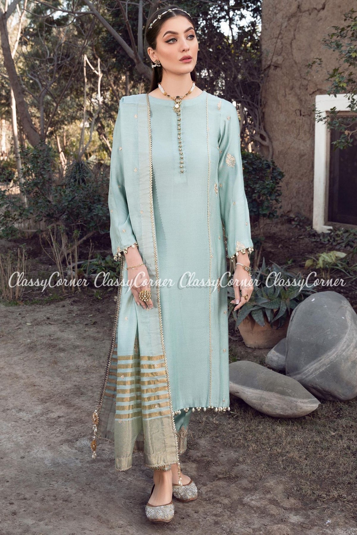 Blue Khaddi Silk Pakistani Salwar Kameez