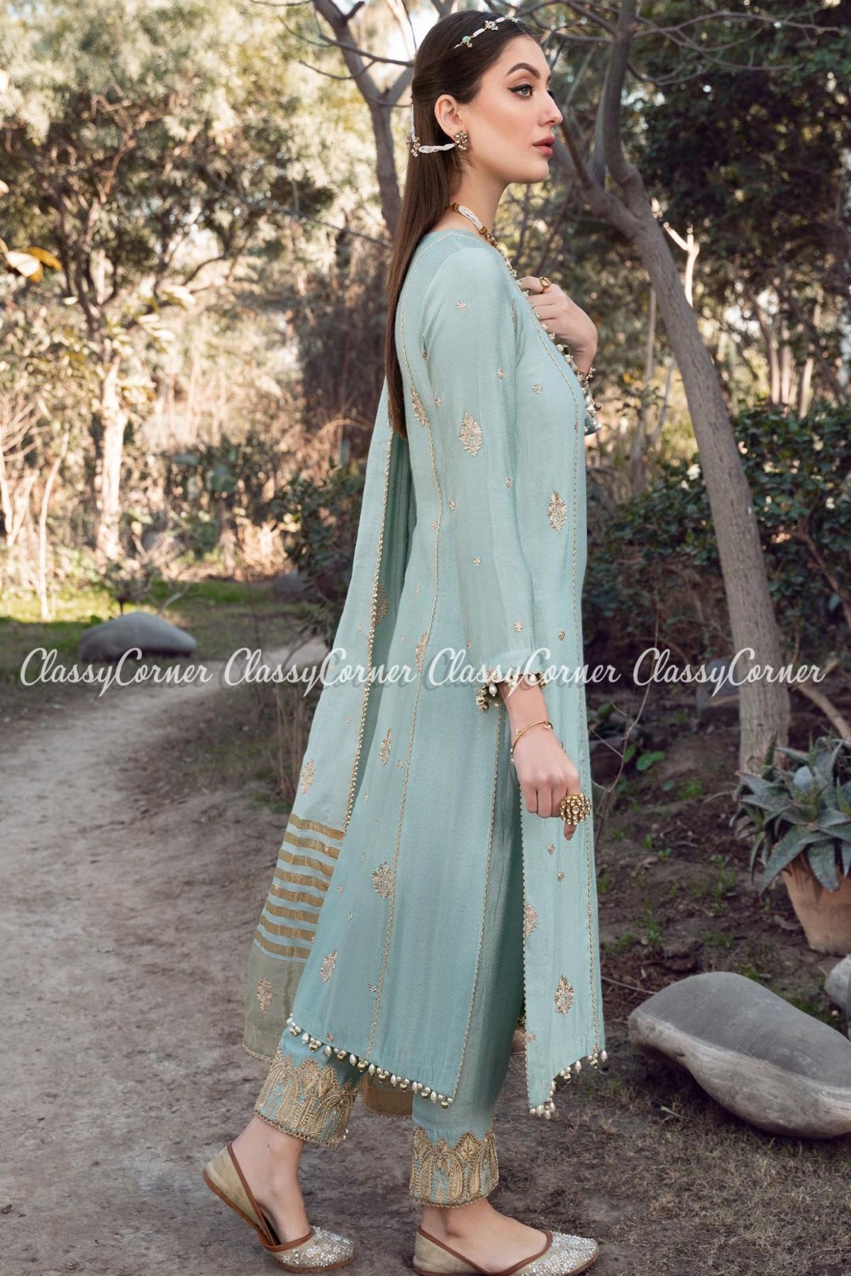 Blue Khaddi Silk Pakistani Salwar Kameez