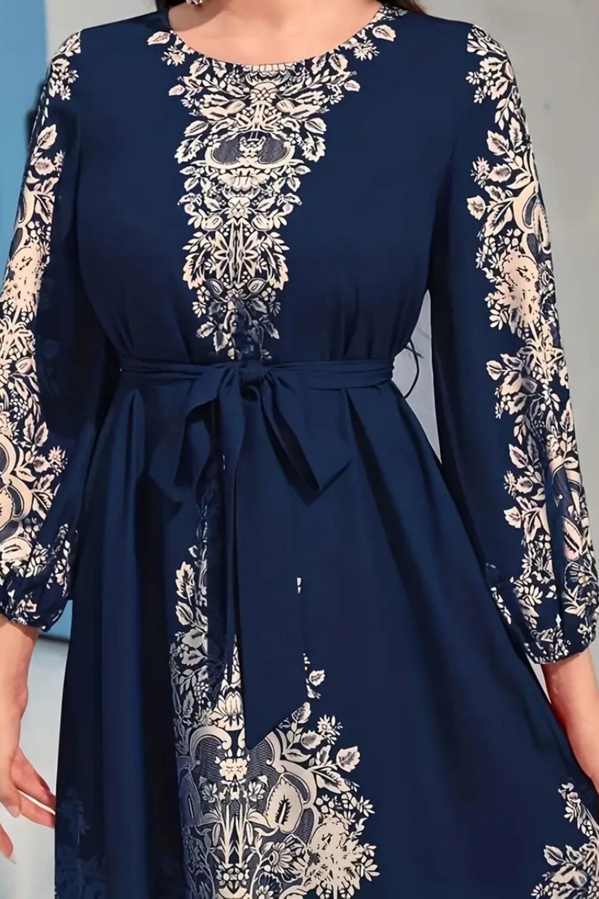 Navy Blue Printed Full Sleeve Dress