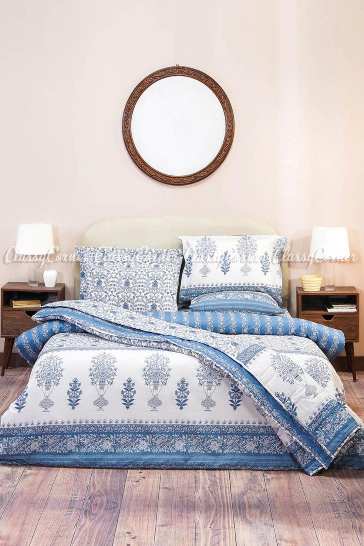 White Blue Floral Printed Polyester Bedset