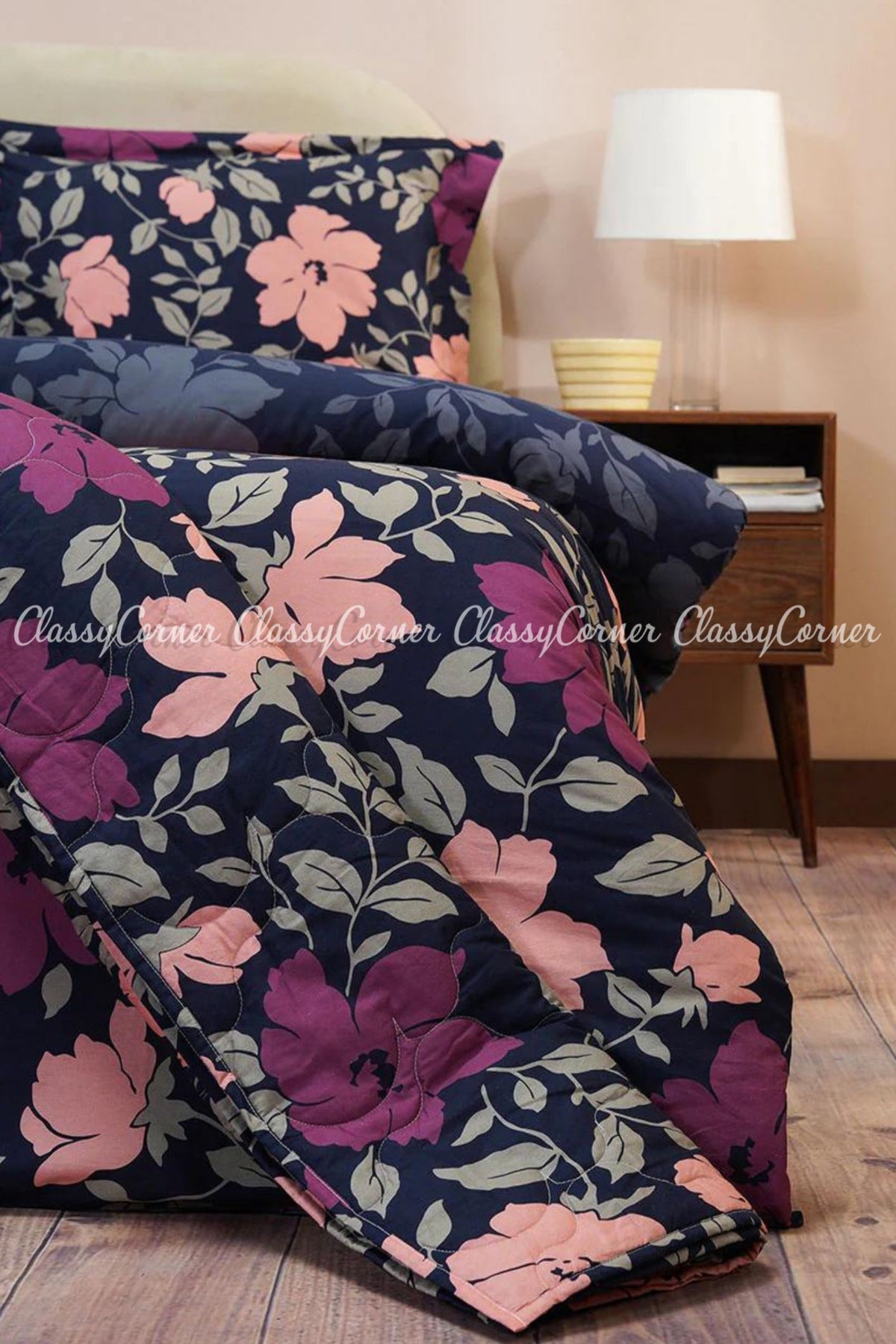 Dark Blue Floral Printed Cotton Bedset