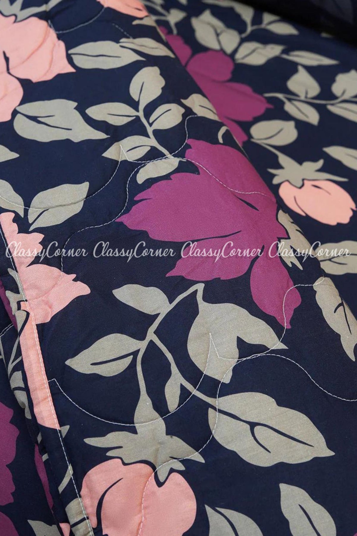 Dark Blue Floral Printed Cotton Bedset