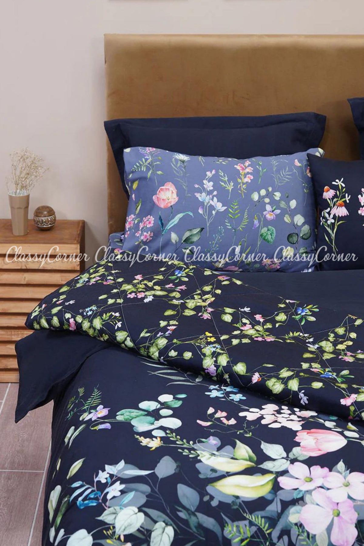 Dark Blue Minimalist Floral Printed Cotton Bedset