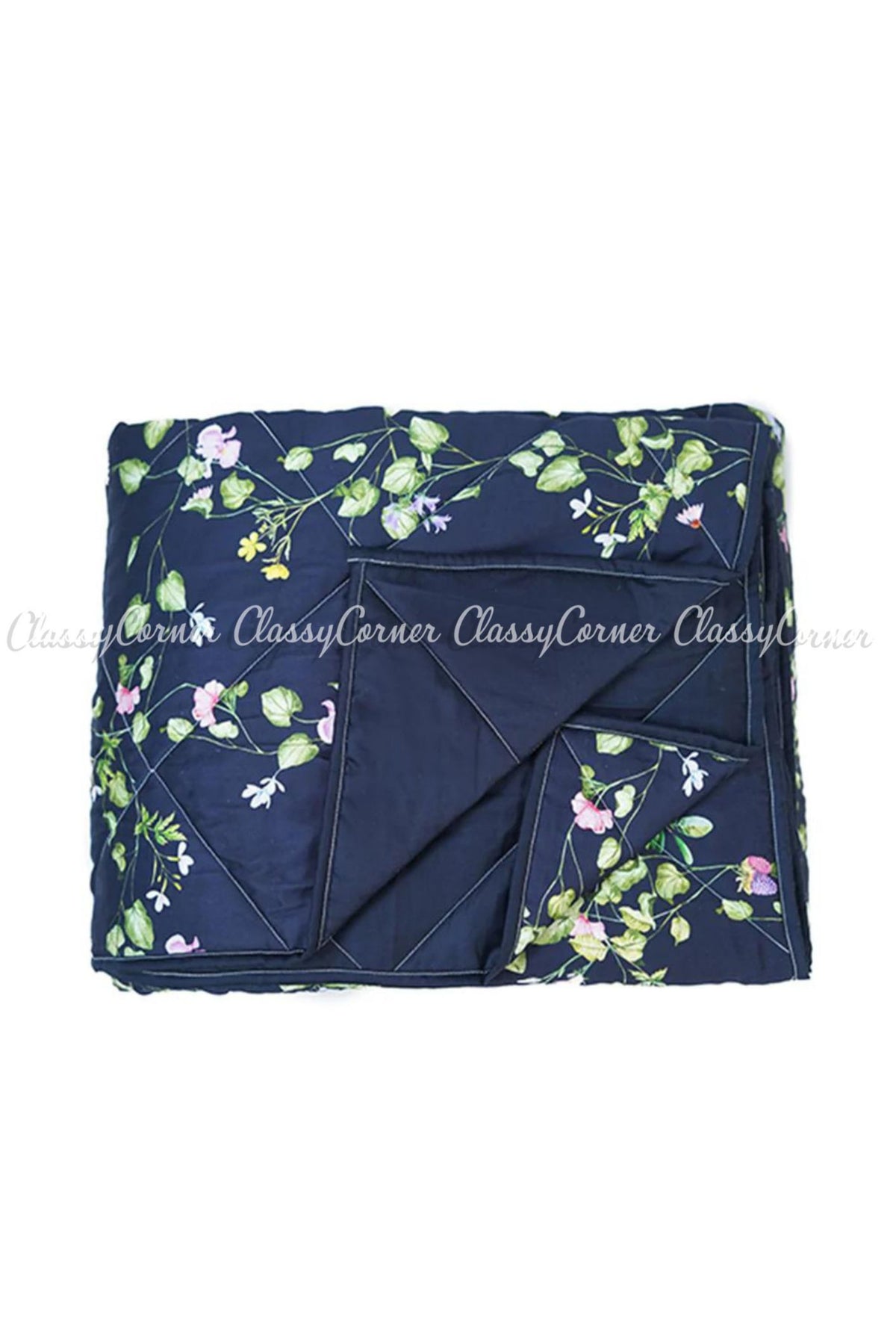 Dark Blue Minimalist Floral Printed Cotton Bedset