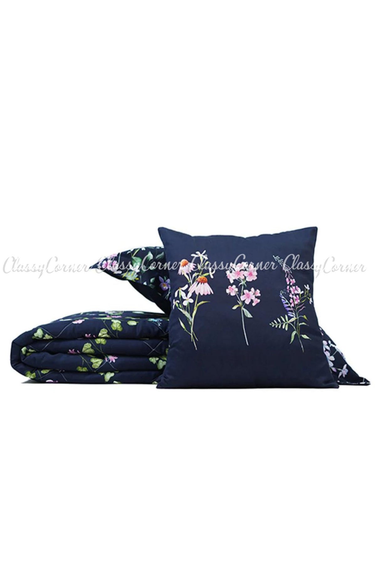 Dark Blue Minimalist Floral Printed Cotton Bedset