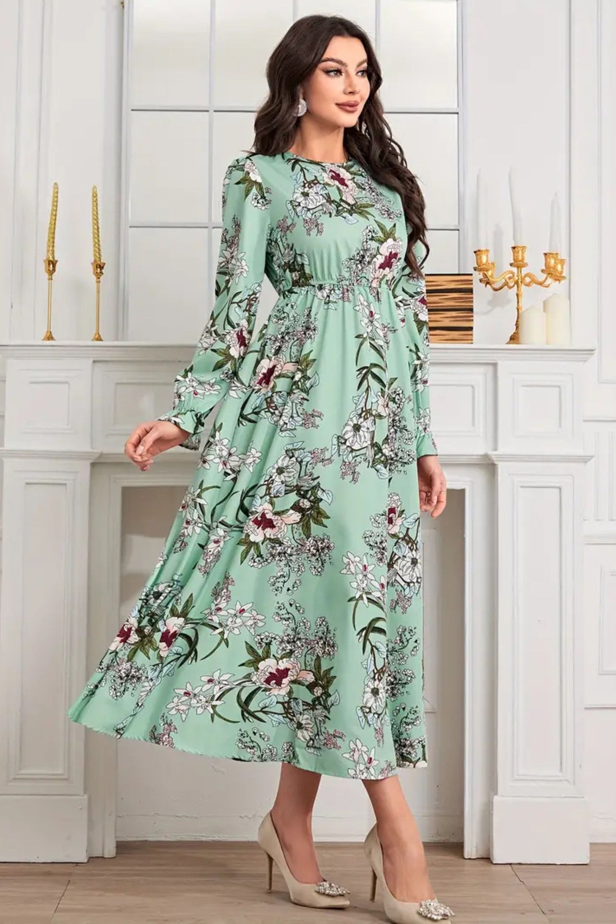 Pastel Green Floral Printed Modest Dress