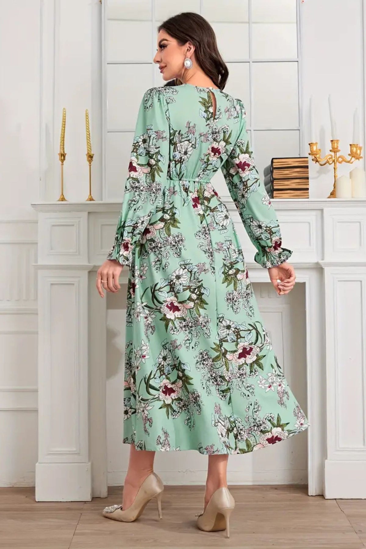 Pastel Green Floral Printed Modest Dress