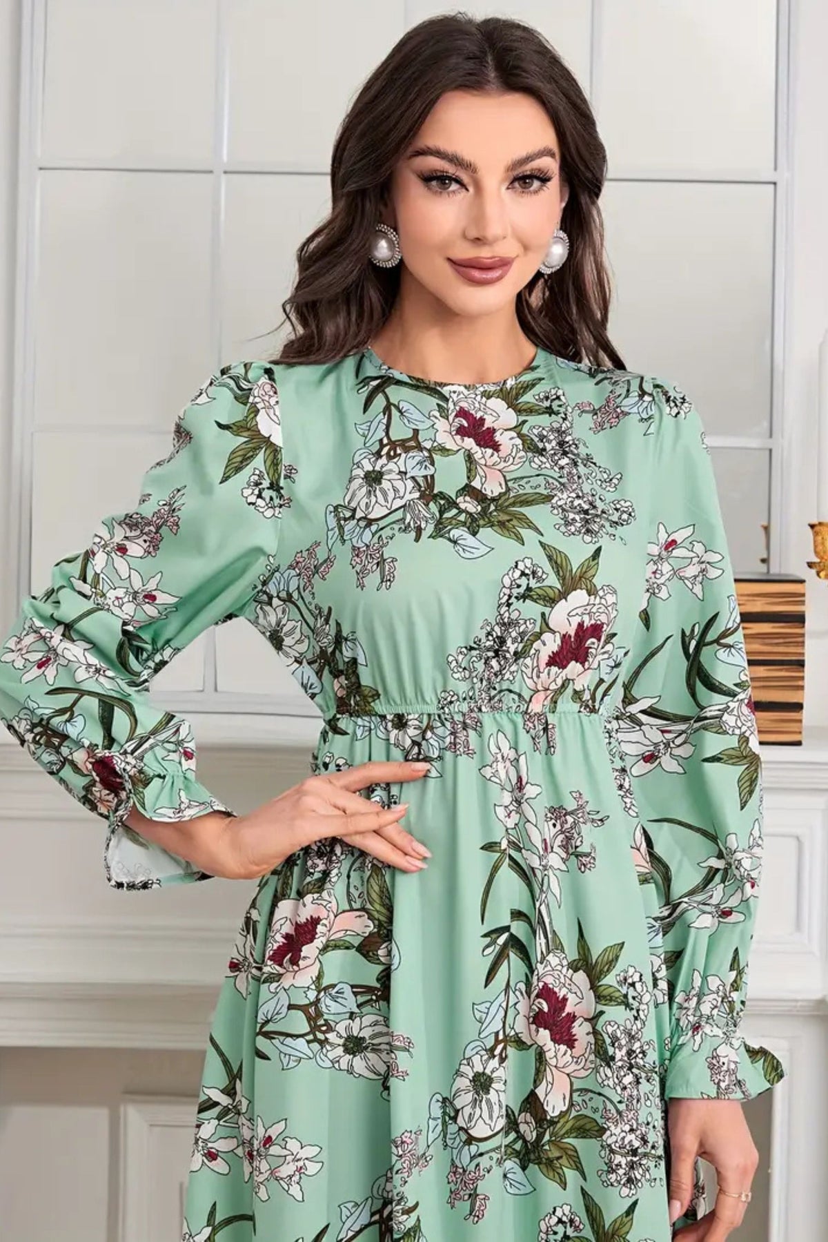 Pastel Green Floral Printed Modest Dress