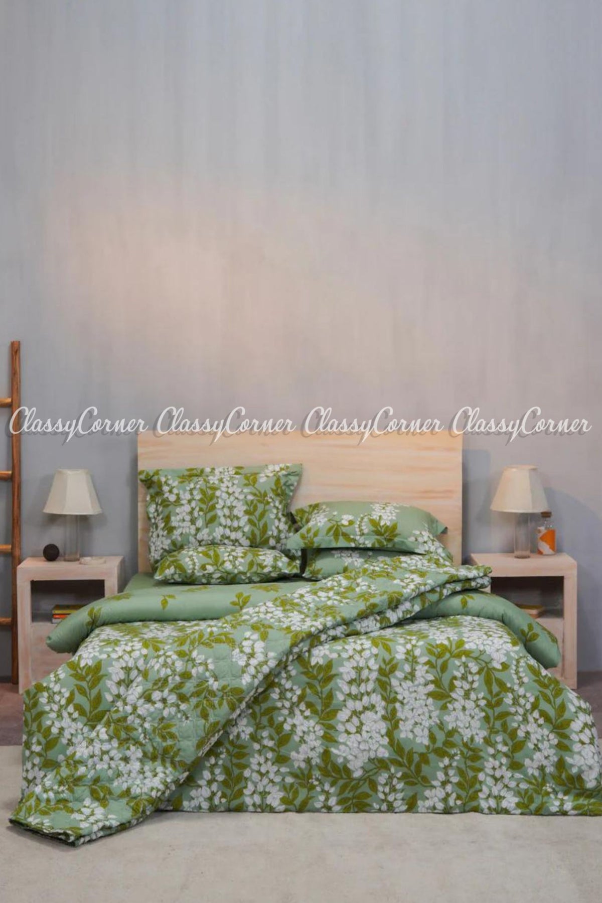 Mint Green White Floral Printed Cotton Bedset