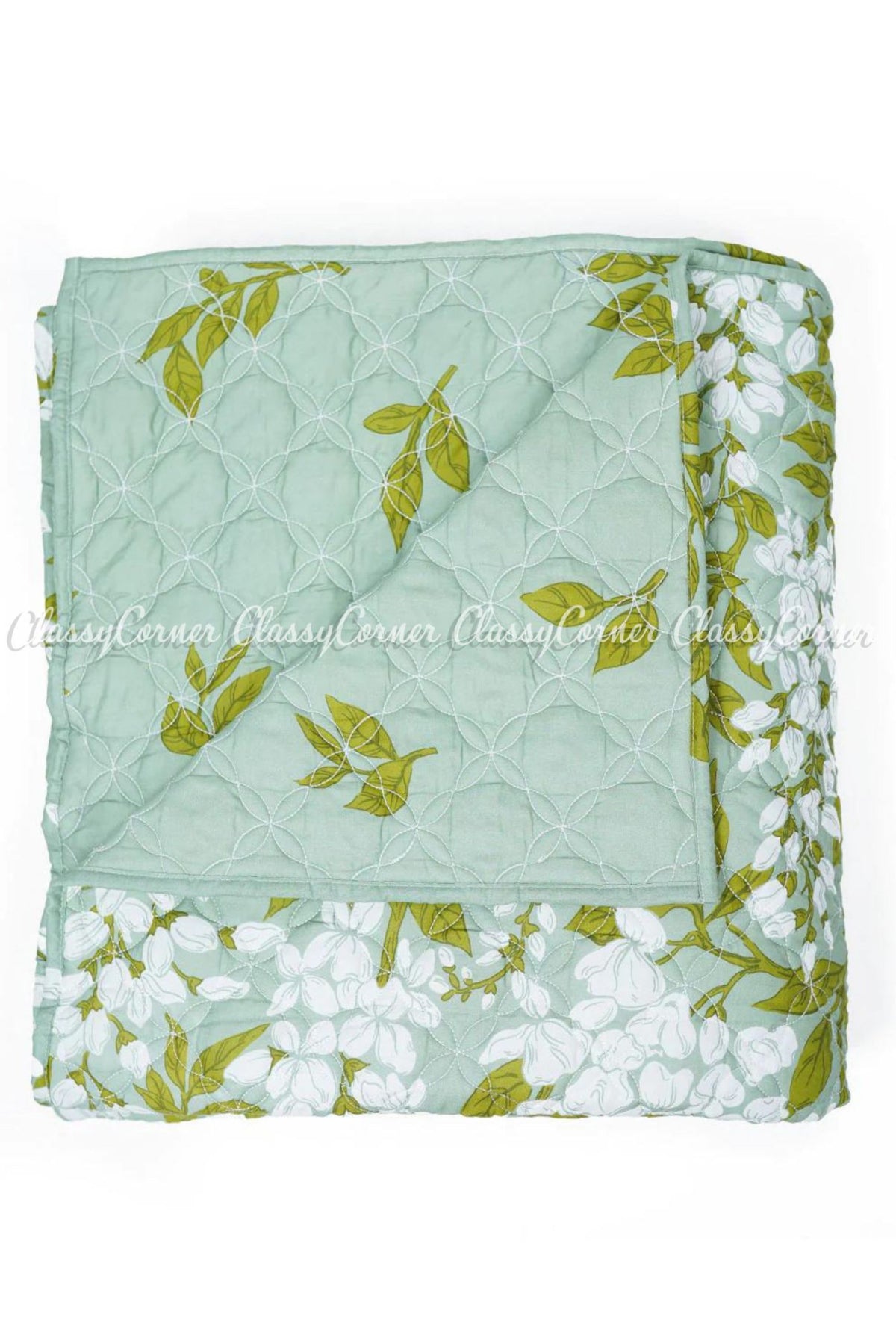 Mint Green White Floral Printed Cotton Bedset