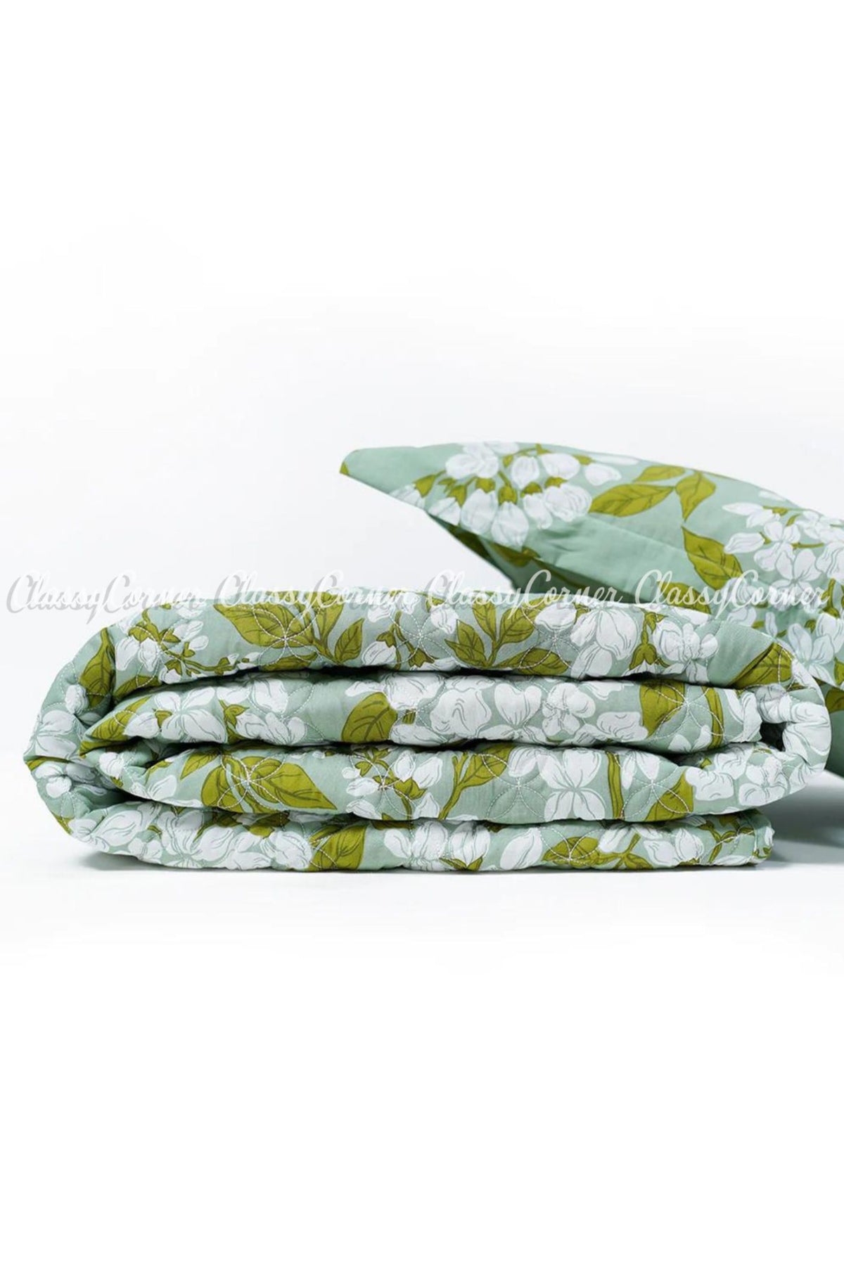 Mint Green White Floral Printed Cotton Bedset