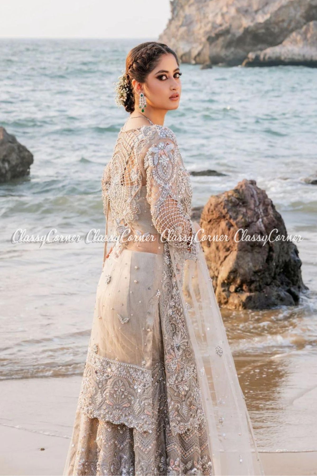Grey Net Embellished Bridal Wear Lehenga Outfit