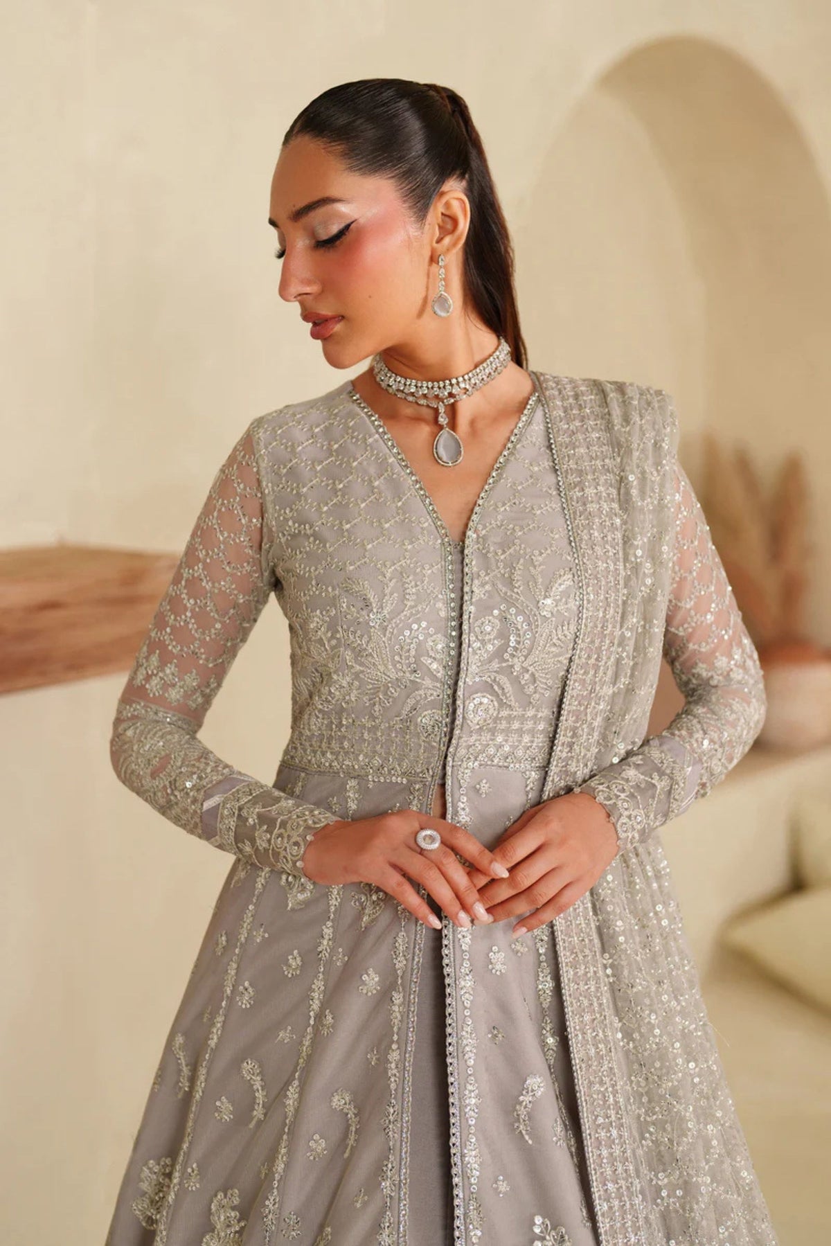 Grey Net Wedding Party Dress