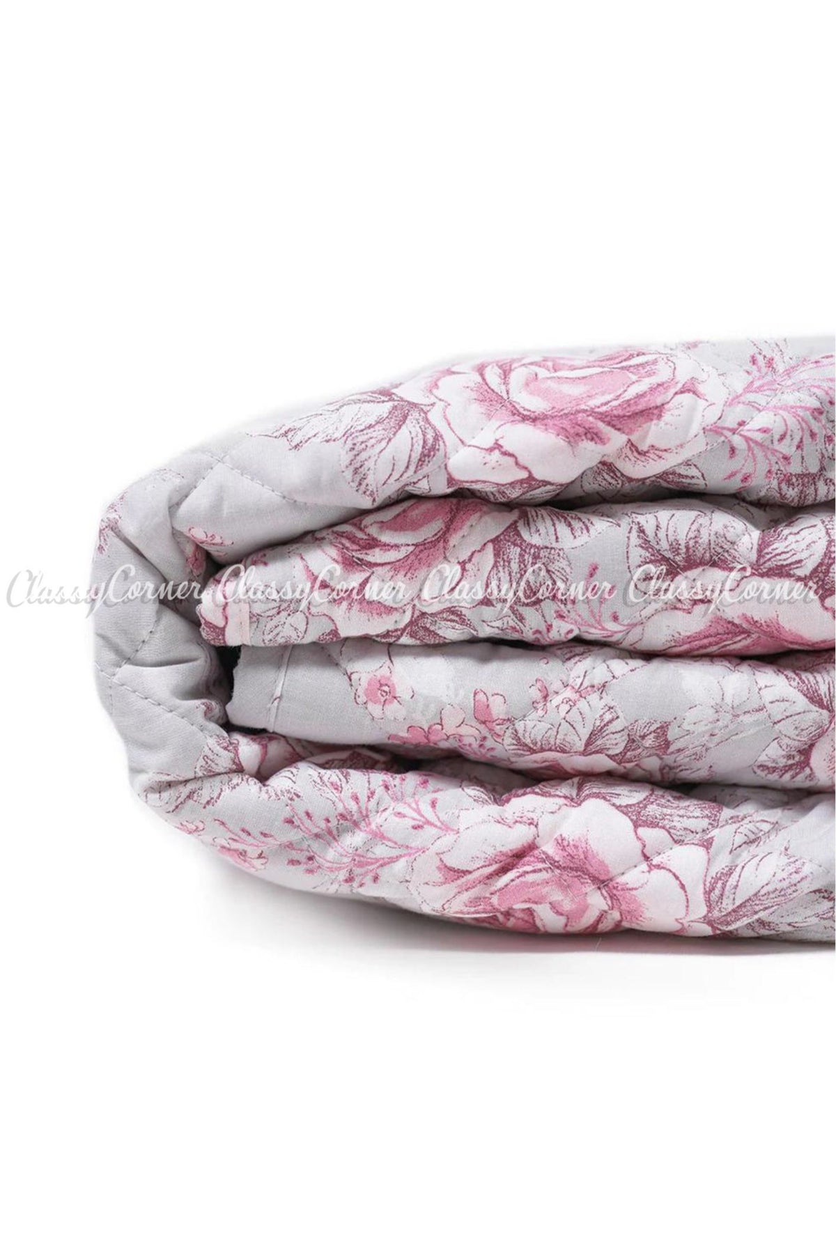 Grey Pink Floral Print Cotton Bedspread Set