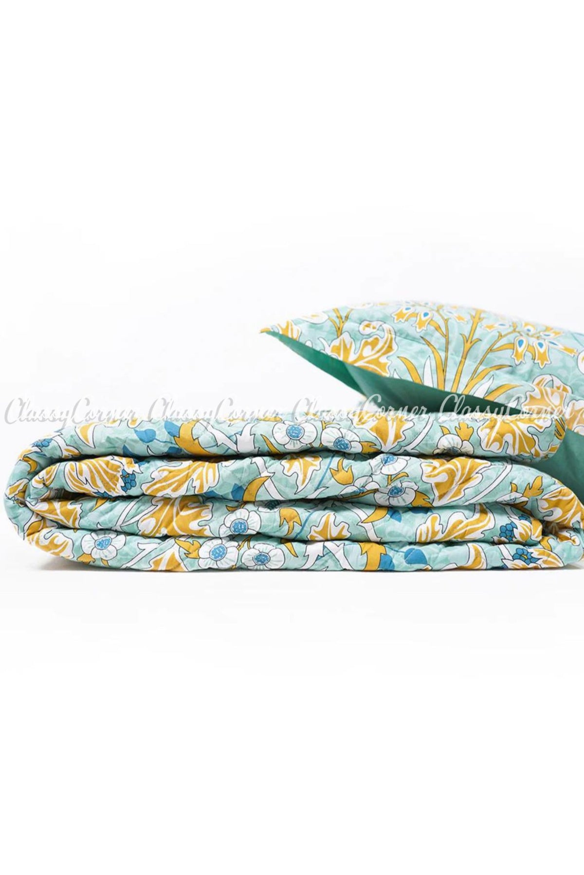 Light Blue Multi Floral Printed Cotton Bedspread Set