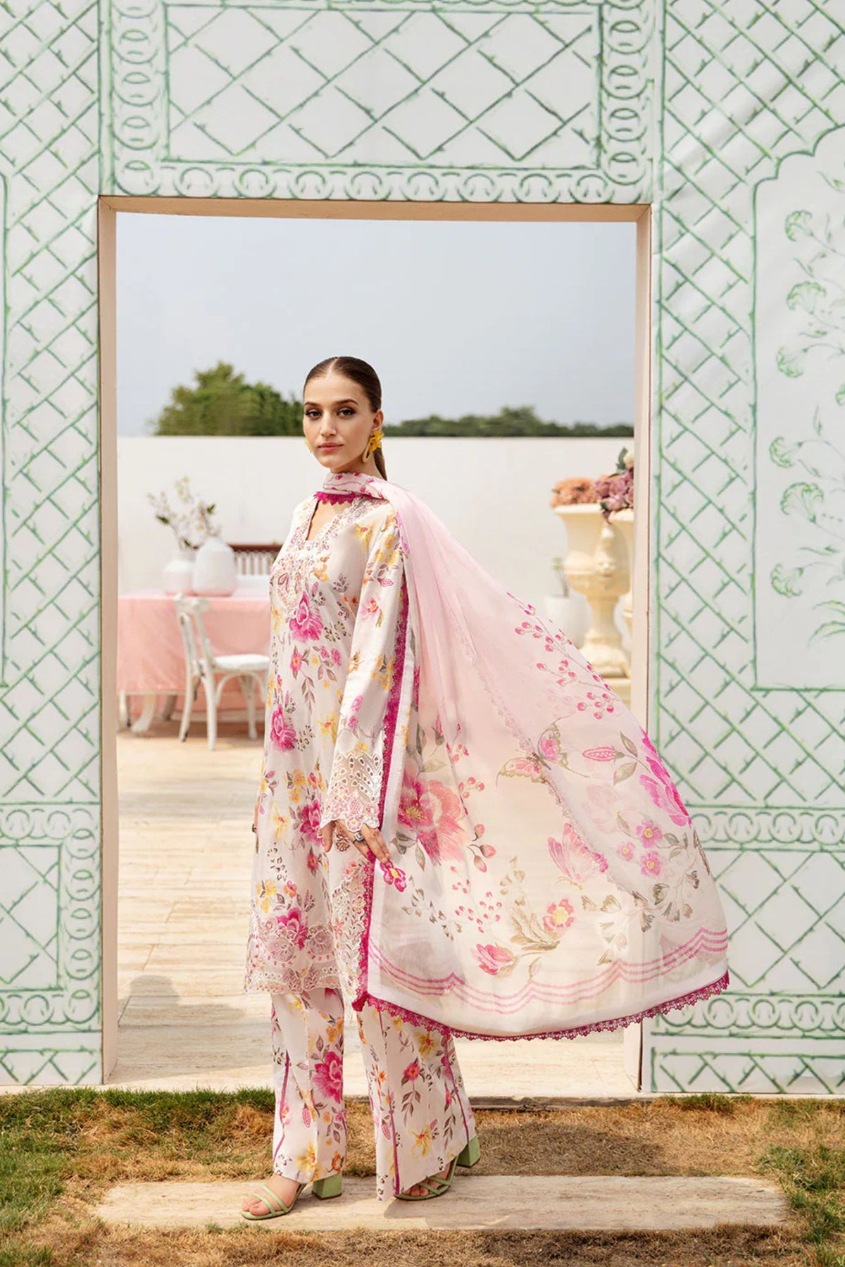 White Pink Floral Lawn Suit