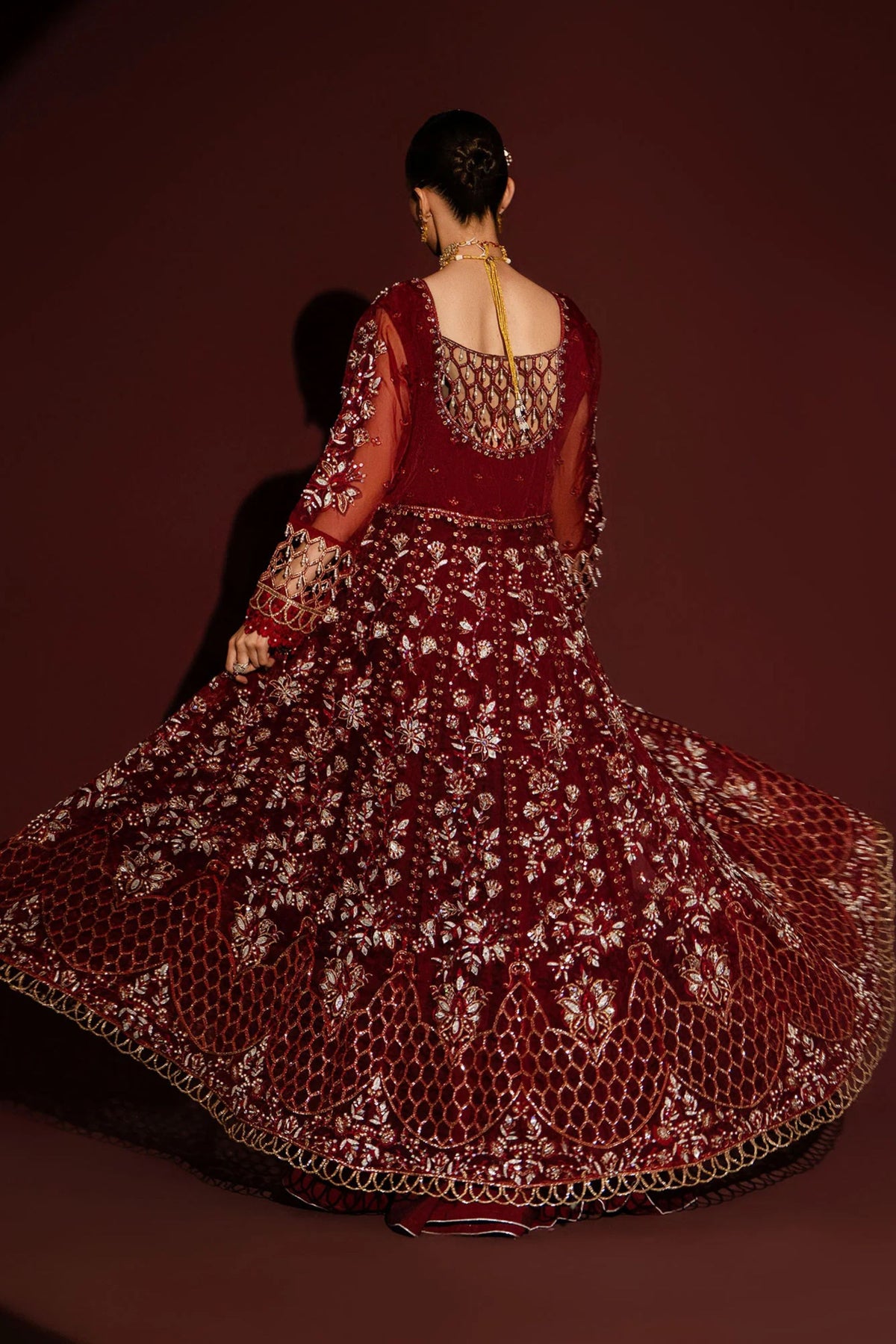 Maroon Organza Bridal Wear Gown