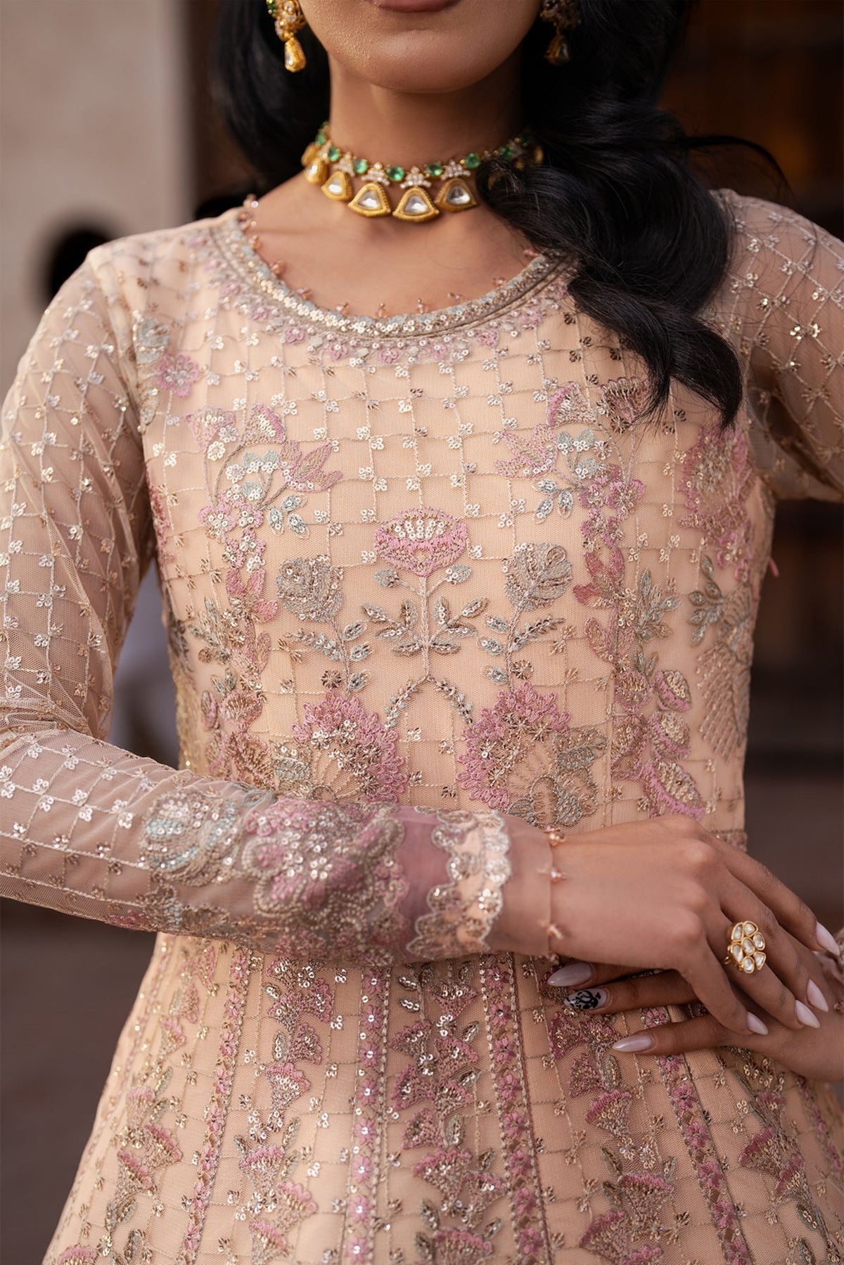Light Peach Embroidered Net Gown