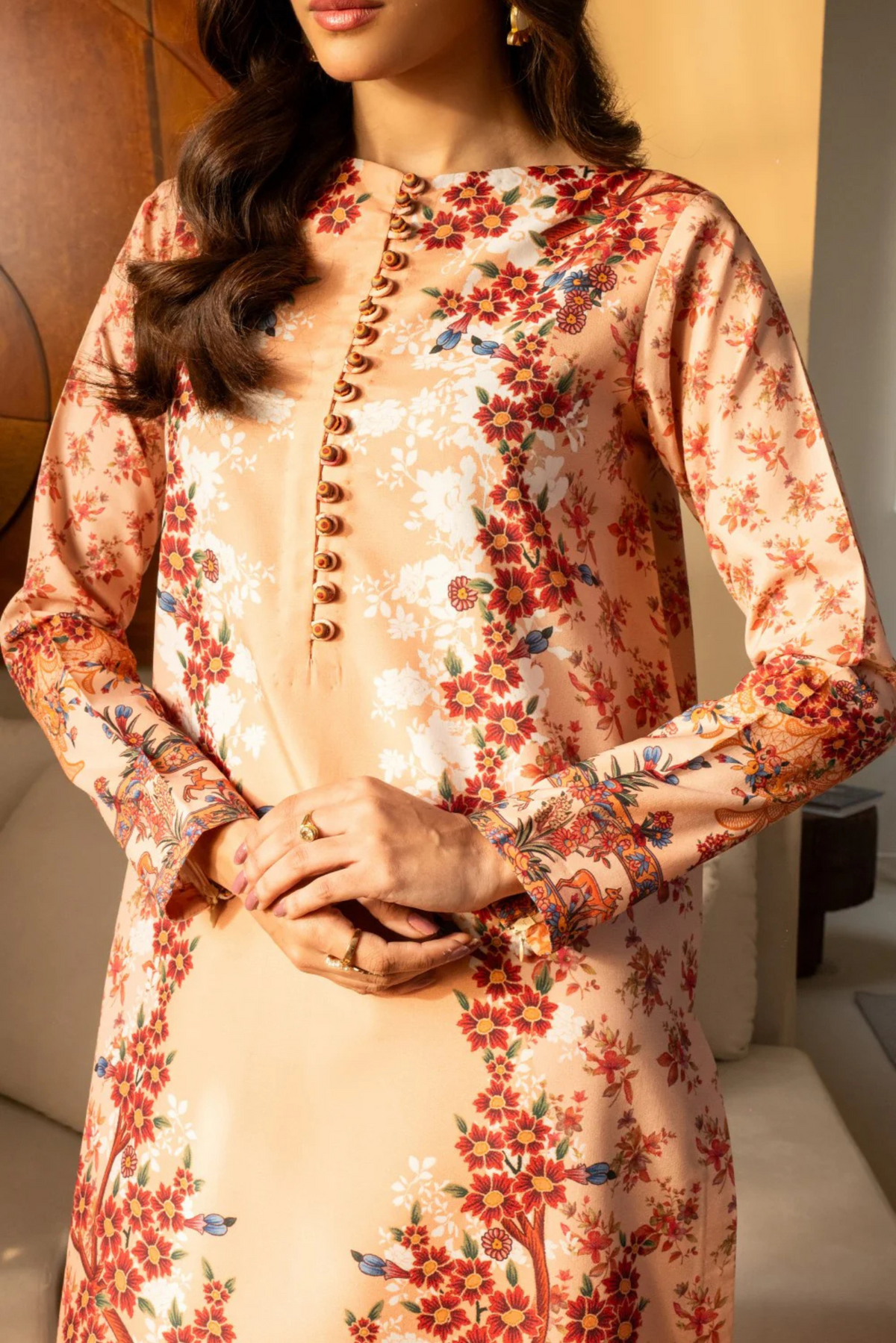 Peach Printed Silk Suit
