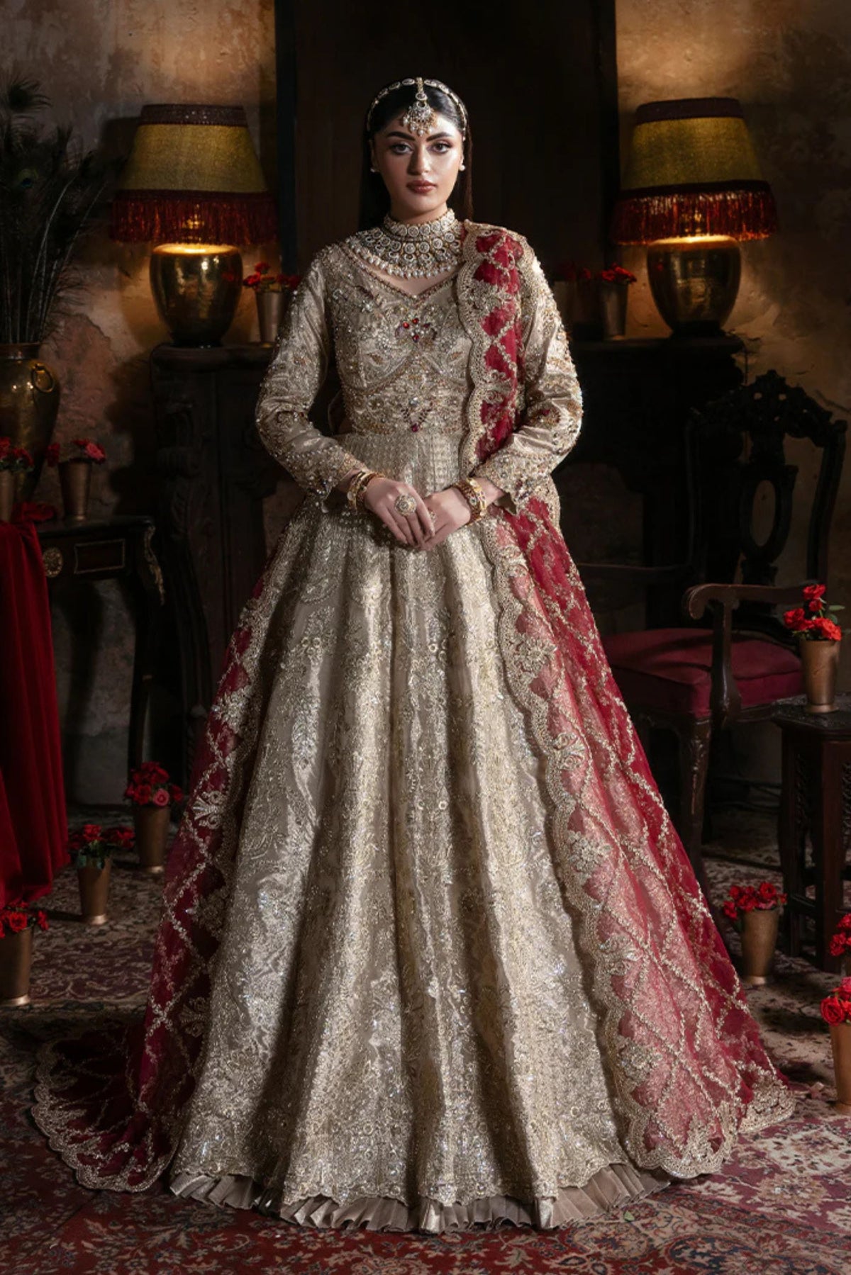 Ivory nikah maxi with dupatta – modest bridal dress 2025