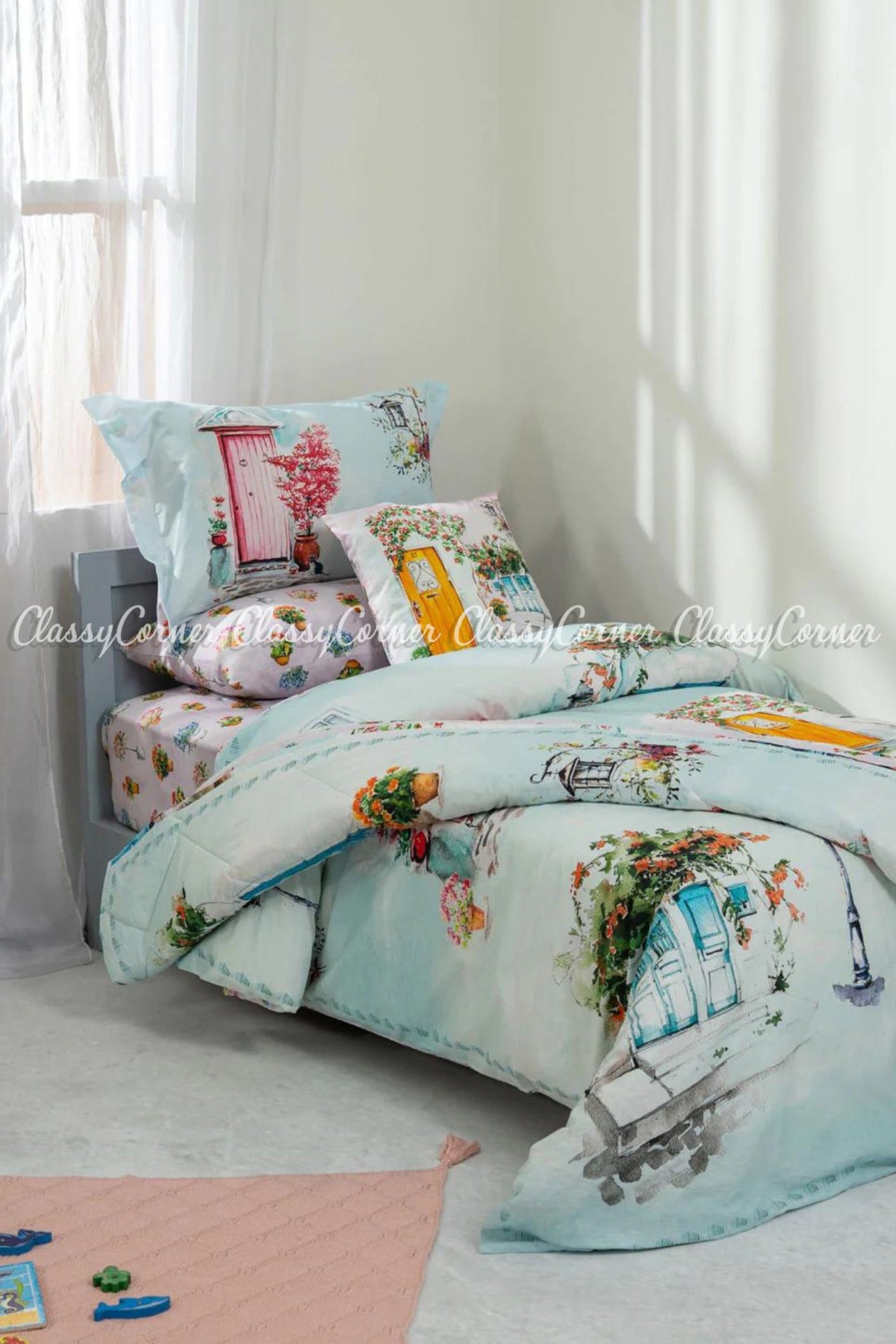 Light Blue White Floral Printed Cotton Bedset