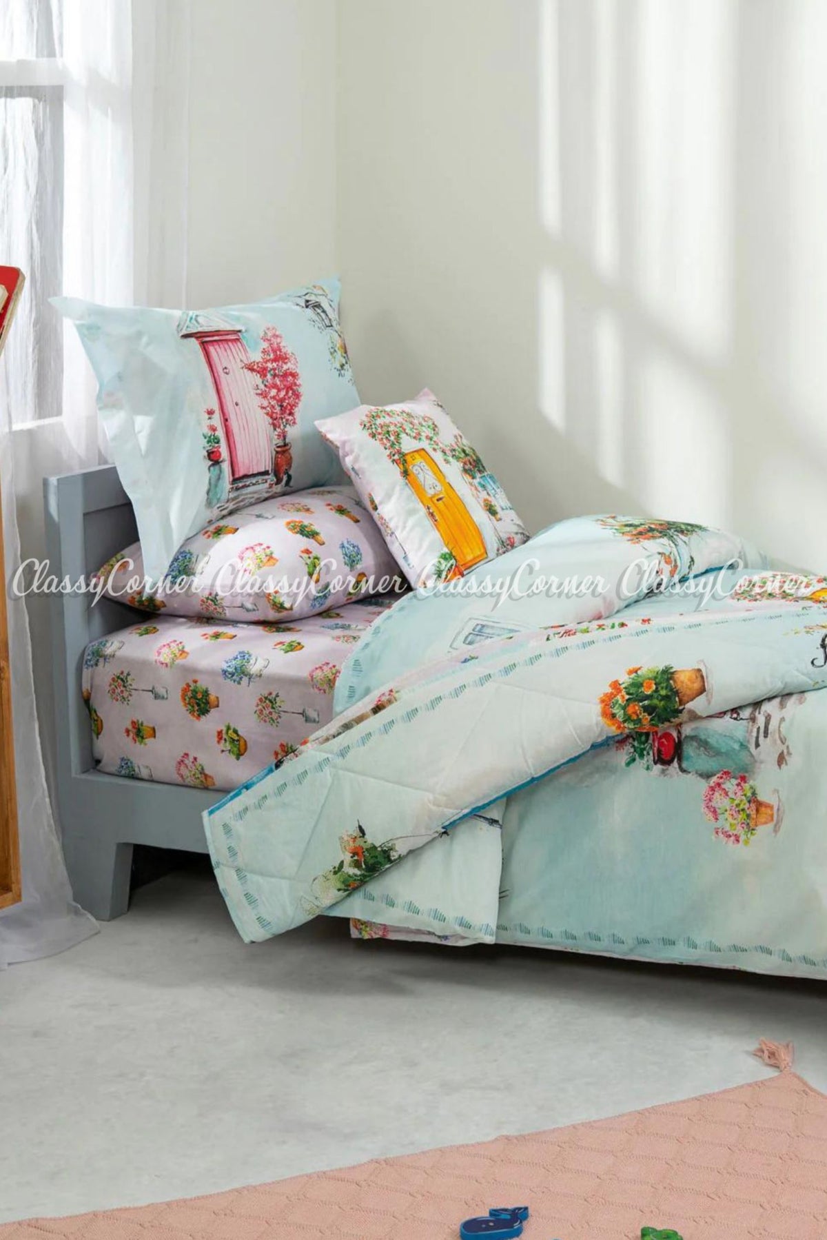 Light Blue White Floral Printed Cotton Bedset