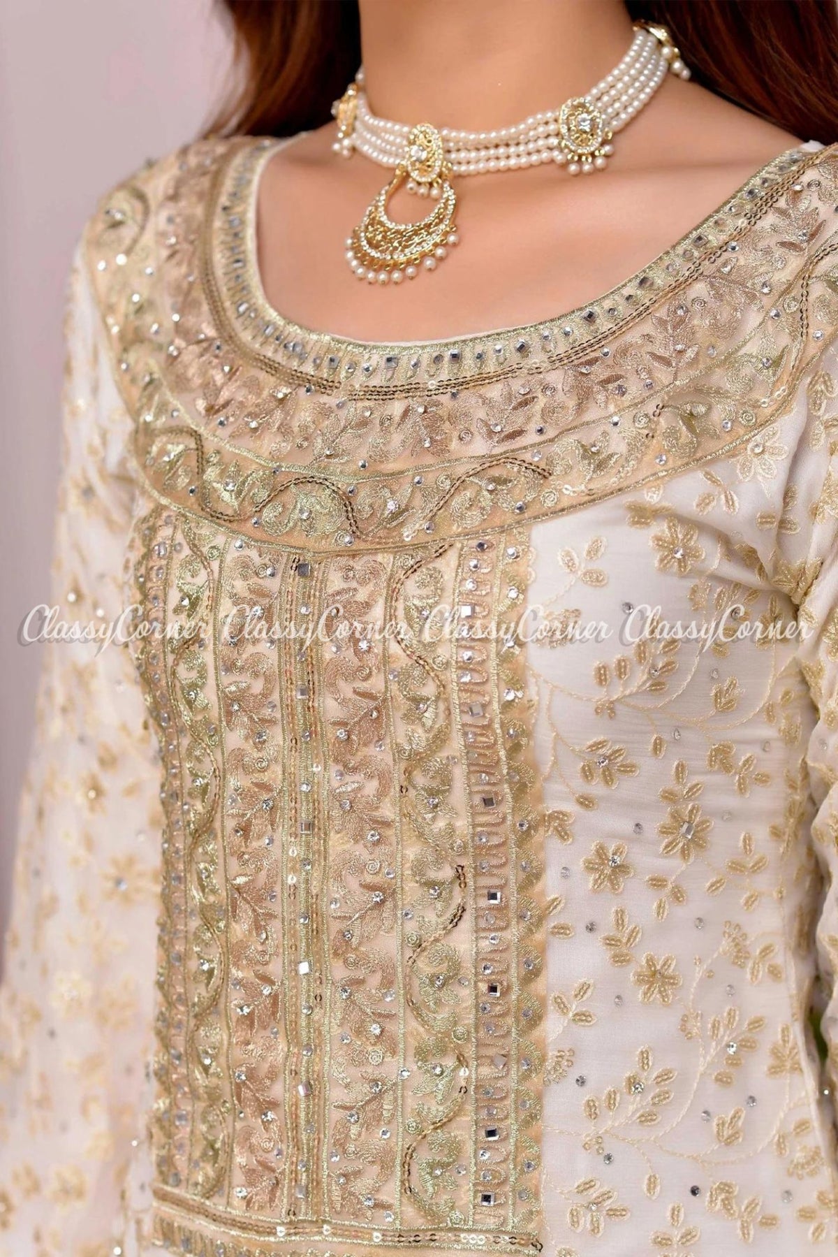 Readymade White Pink Chiffon Embroidered Gharara