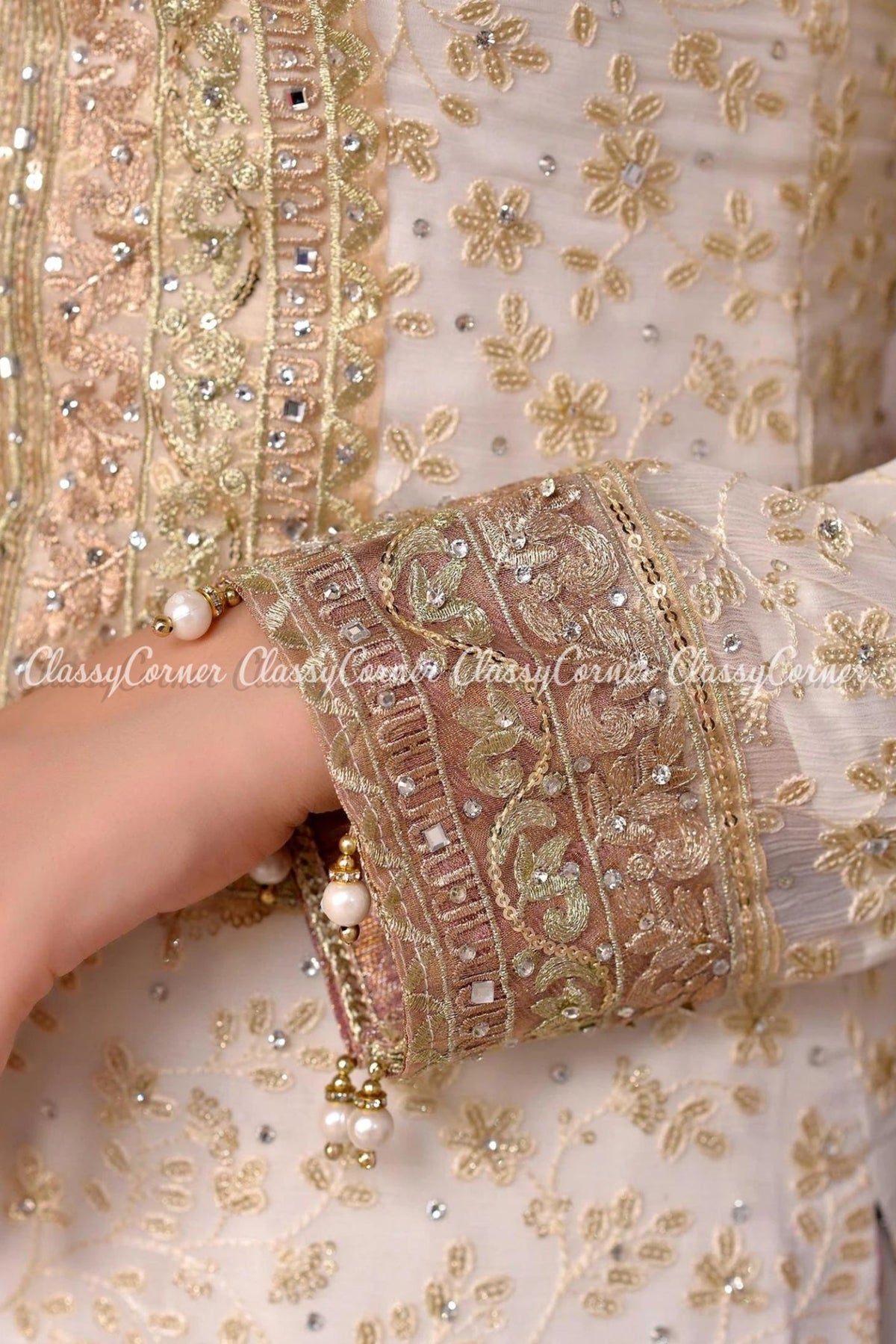 Readymade White Pink Chiffon Embroidered Gharara