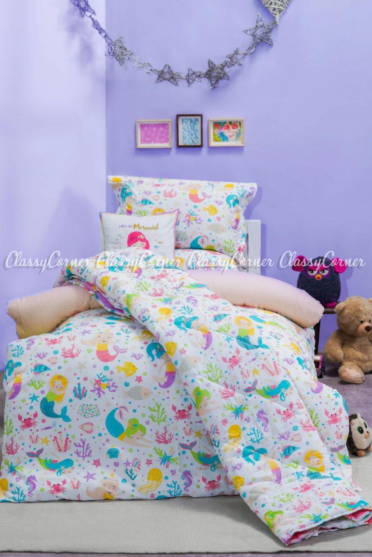 Kid&#39;s White Multicolor Mermaid Printed Cotton Bedset