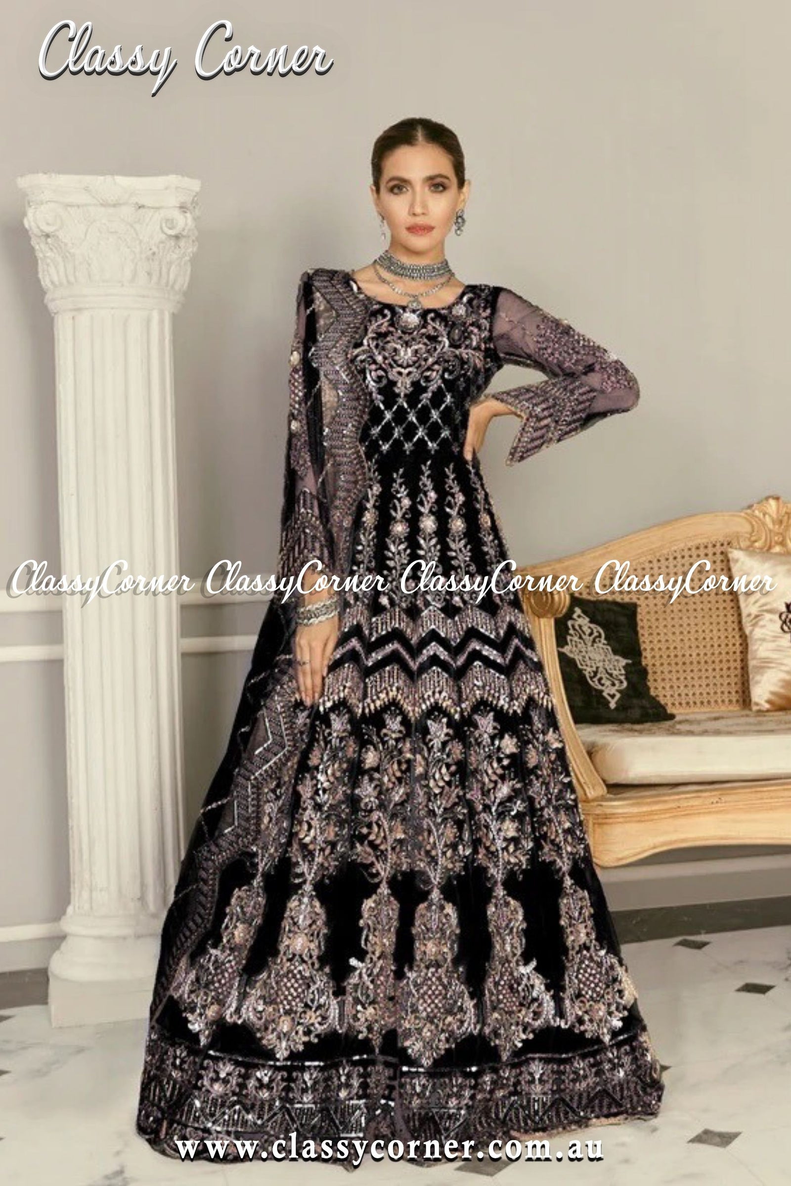 Black Pink Pakistani Formal Evening Gown - Classy Corner