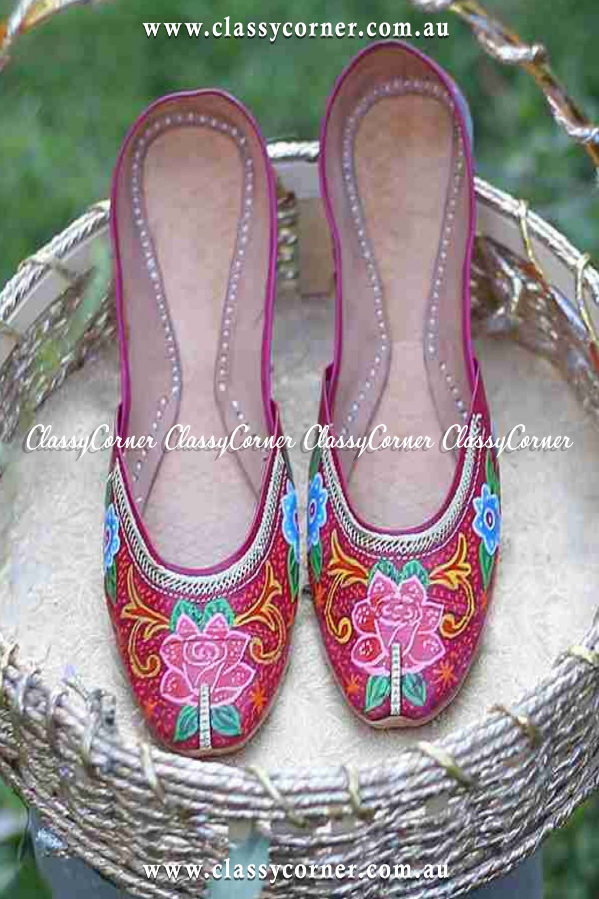 Red Floral Print Leather Khussa - Classy Corner