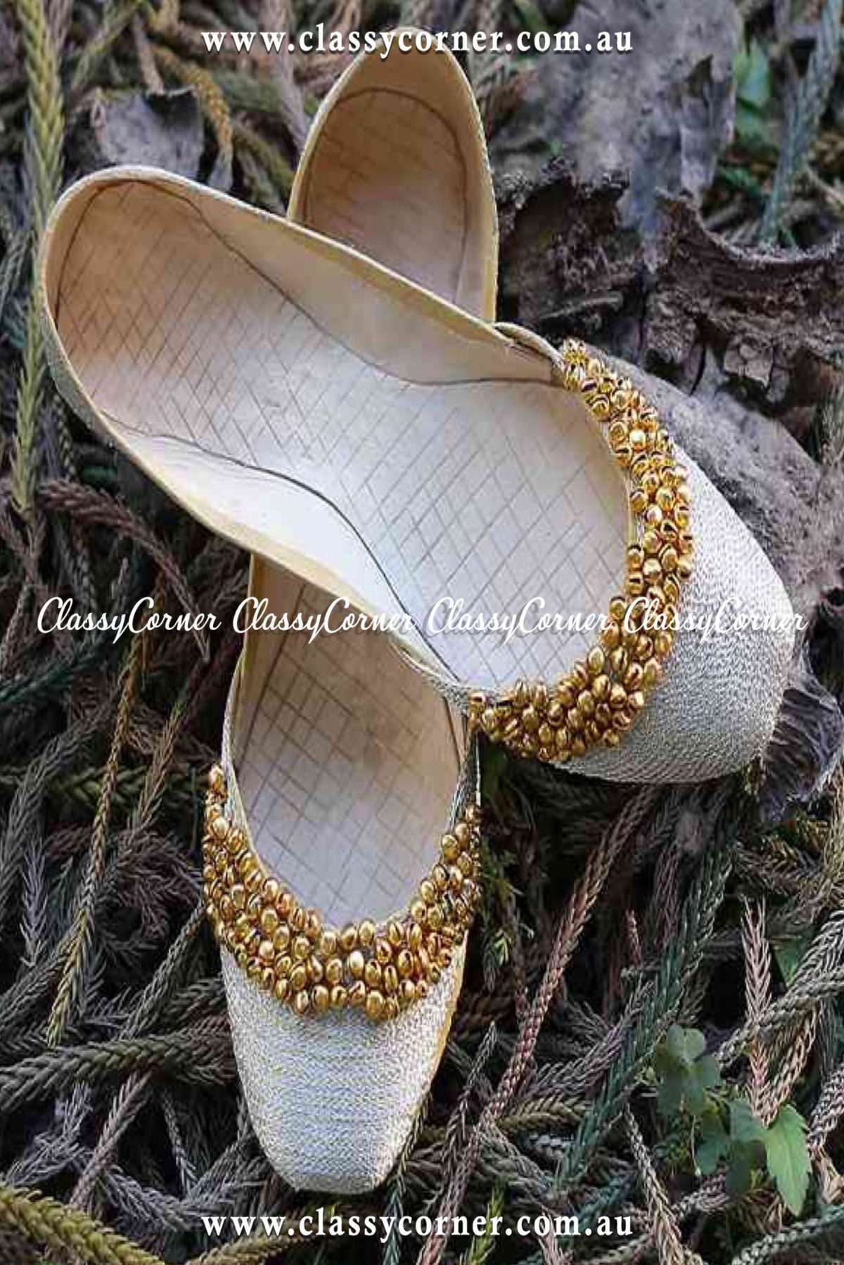 White &amp; Golden Leather Khussa - Classy Corner