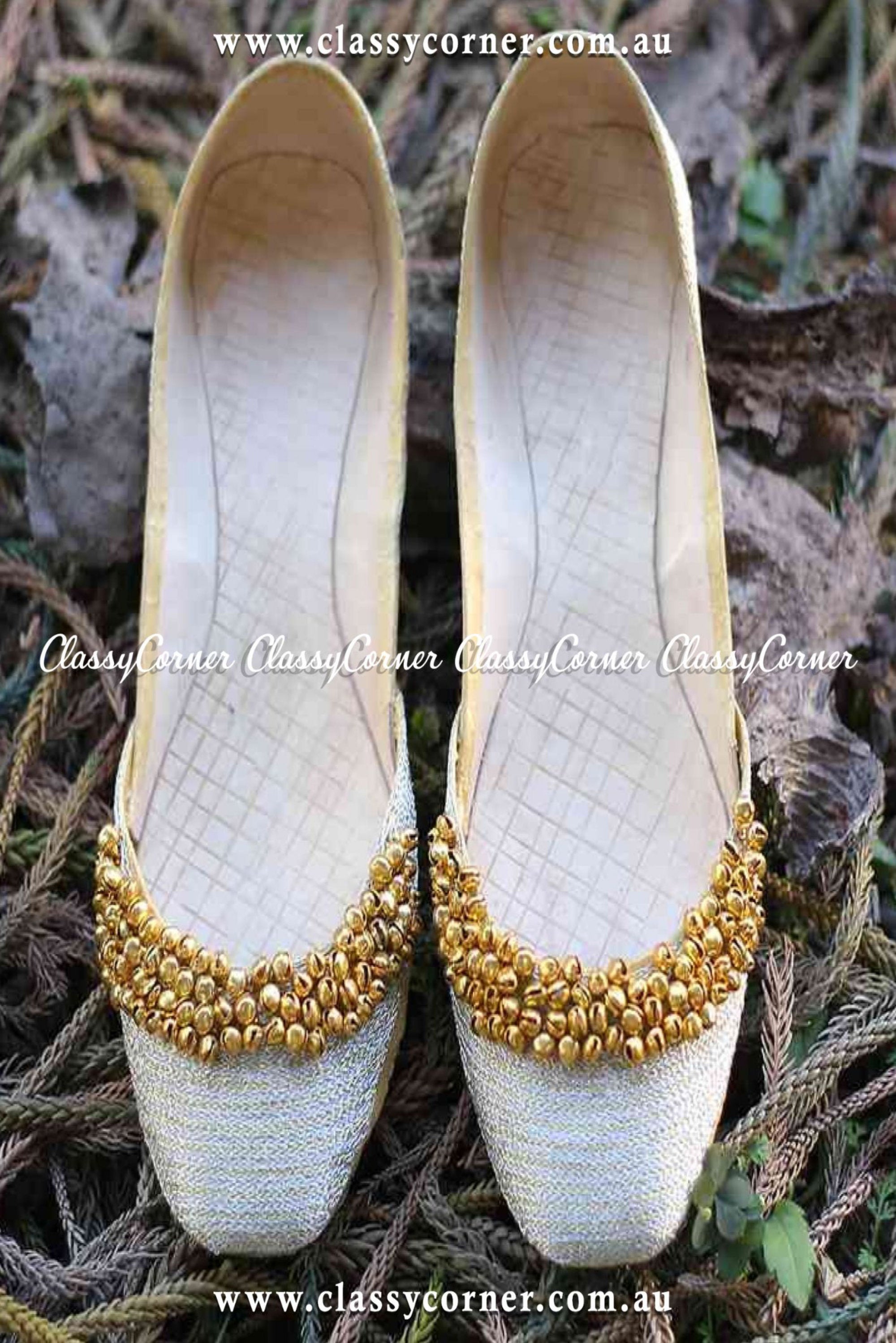 White & Golden Leather Khussa - Classy Corner