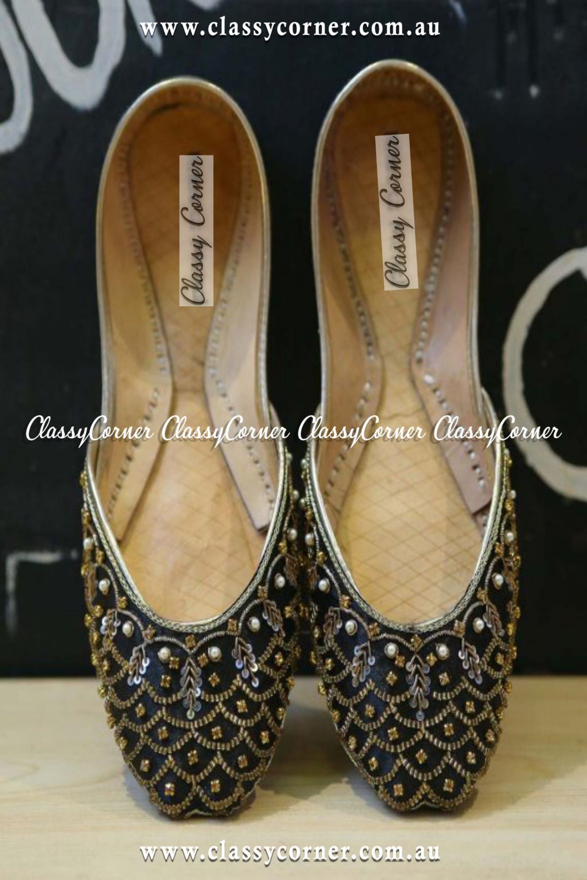 Black &amp; Golden Party Wear Khussa - Classy Corner