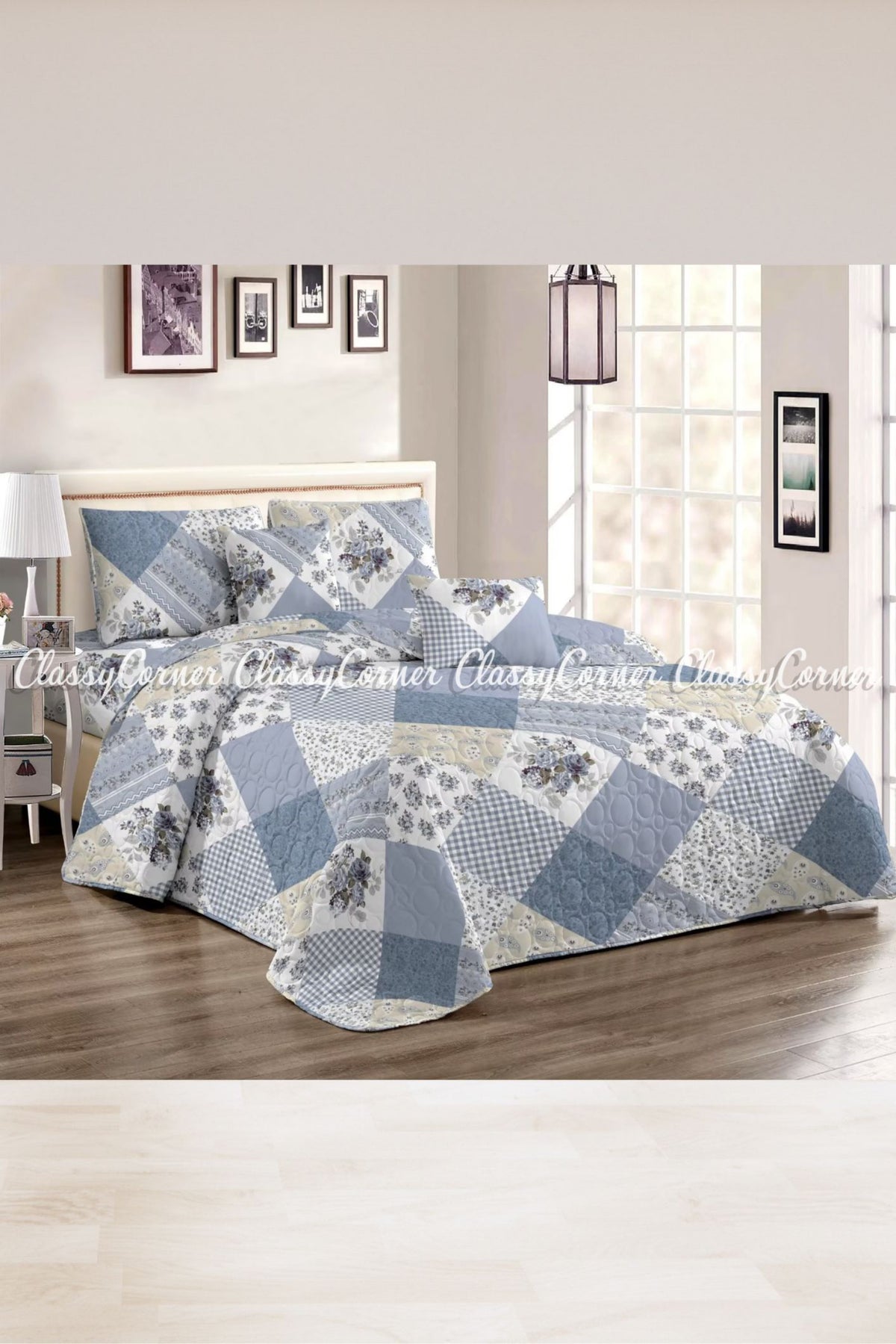 Elegant Blue Floral Quilt Pillowcase Set