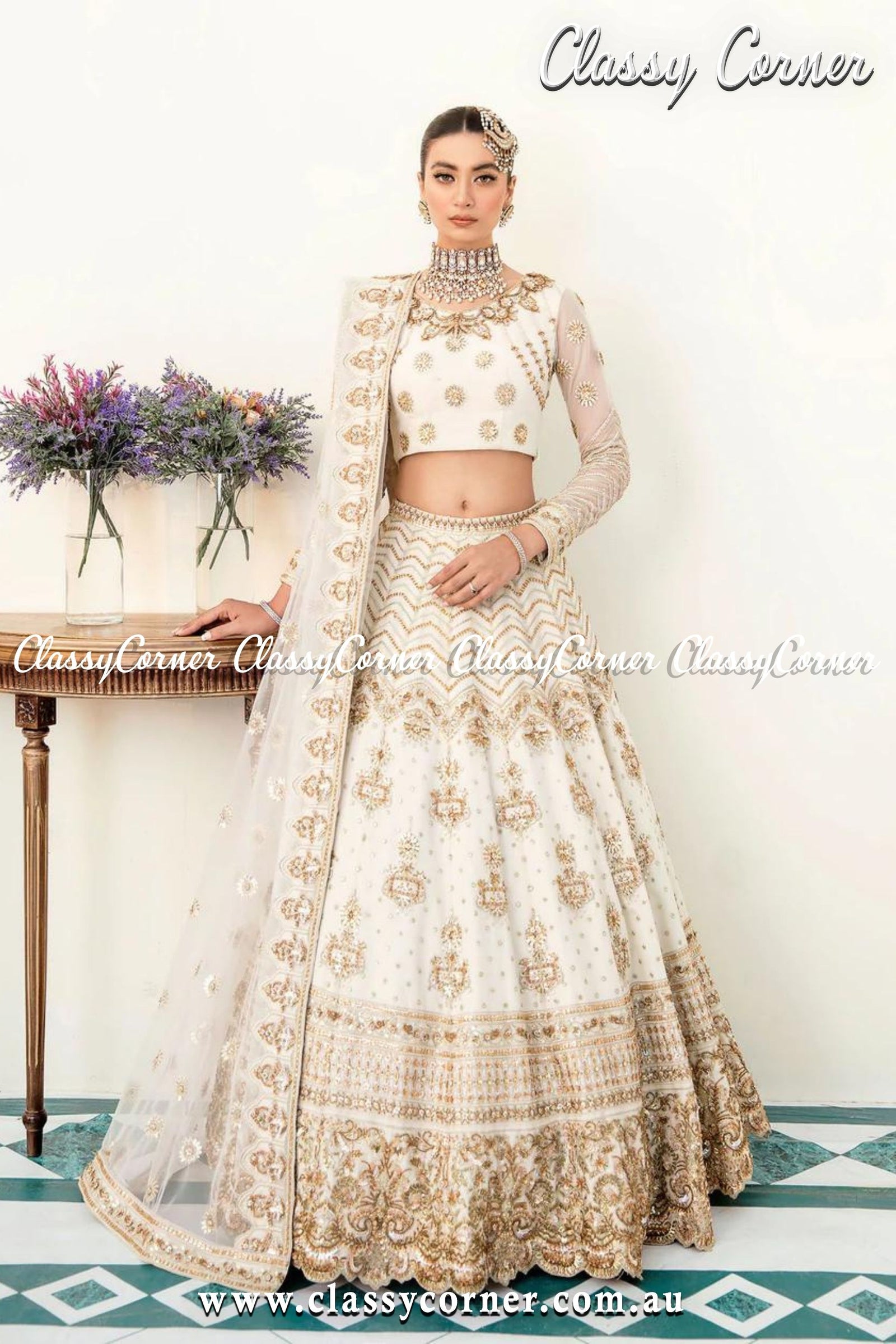 Gold White Wedding Lehenga - Classy Corner