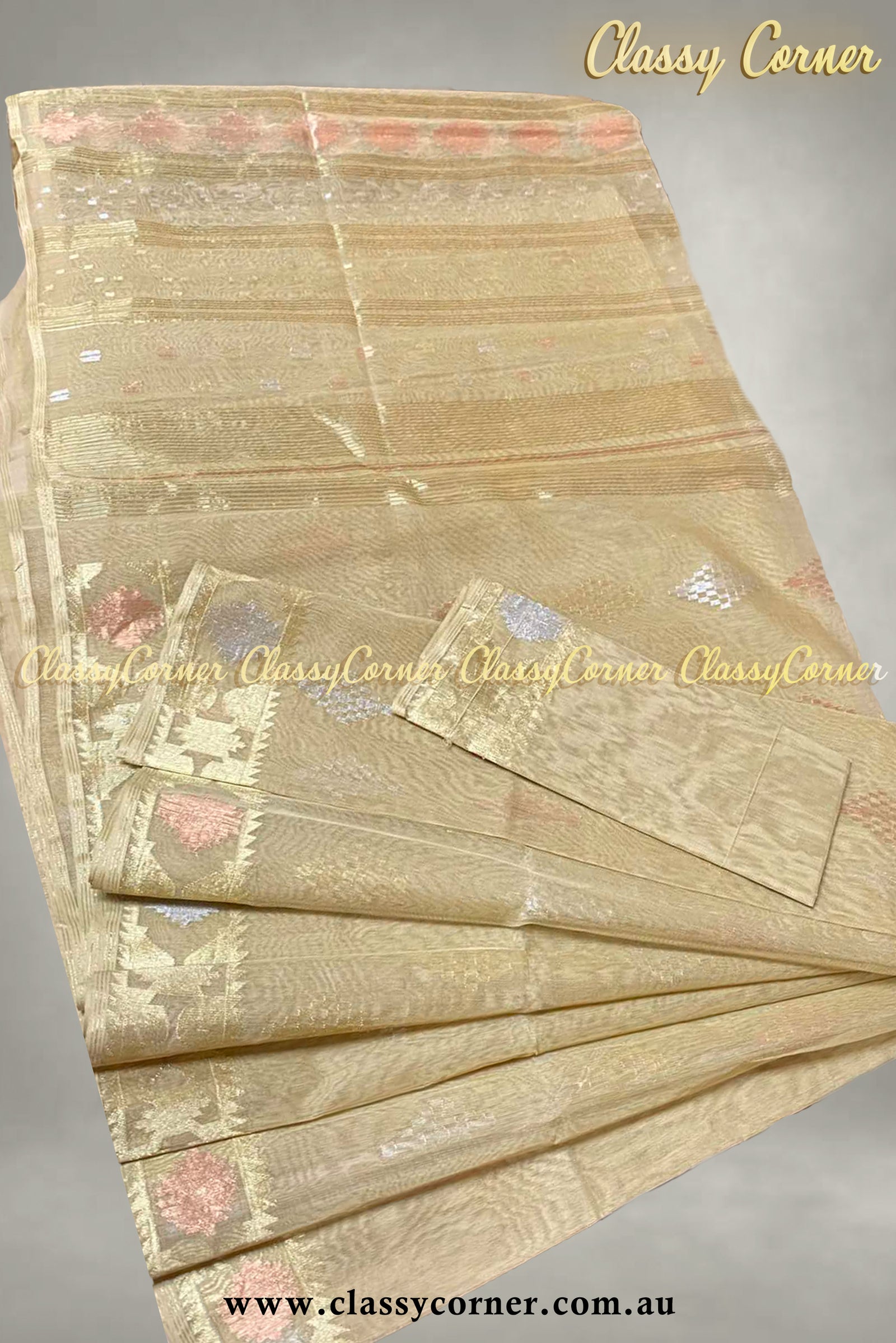 Golden Silver Rosegold Jamdani Saree - Classy Corner