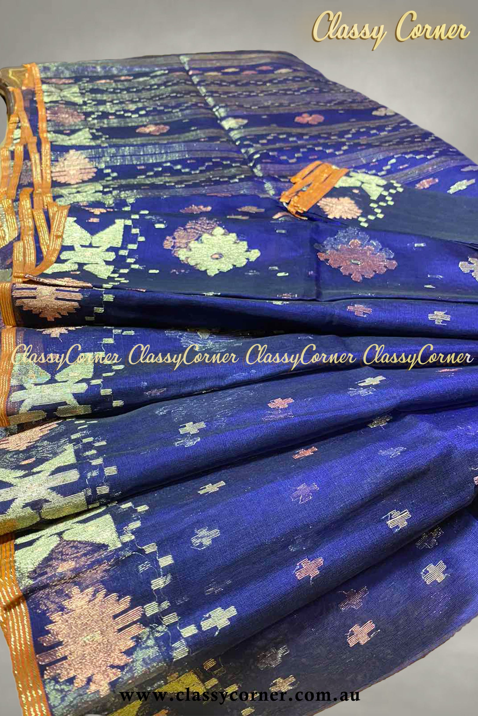 Vivid Navy Gold Rosegold Jamdanee Saree - Classy Corner