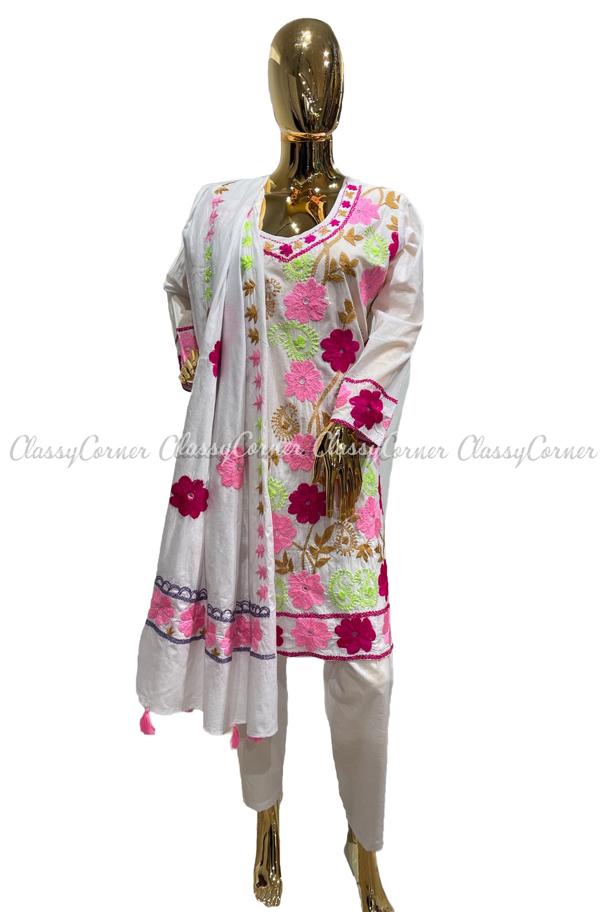 White Pink Hand Embroidered Cotton Salwar Kameez Set - Classy Corner